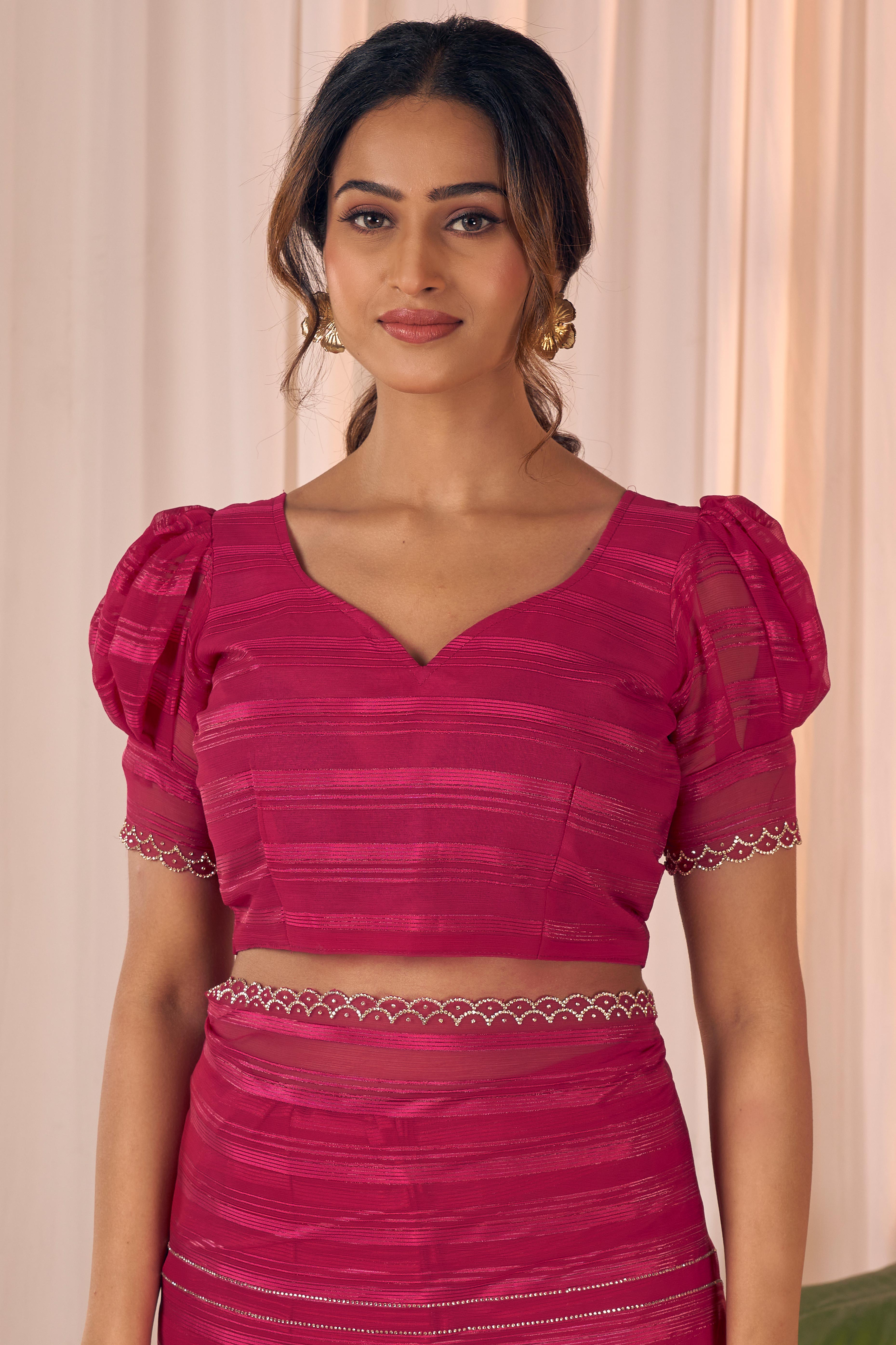 Rose pink Striped Designer Georgette Saree Adorned With An Elegant Zarkan Cutwork Border