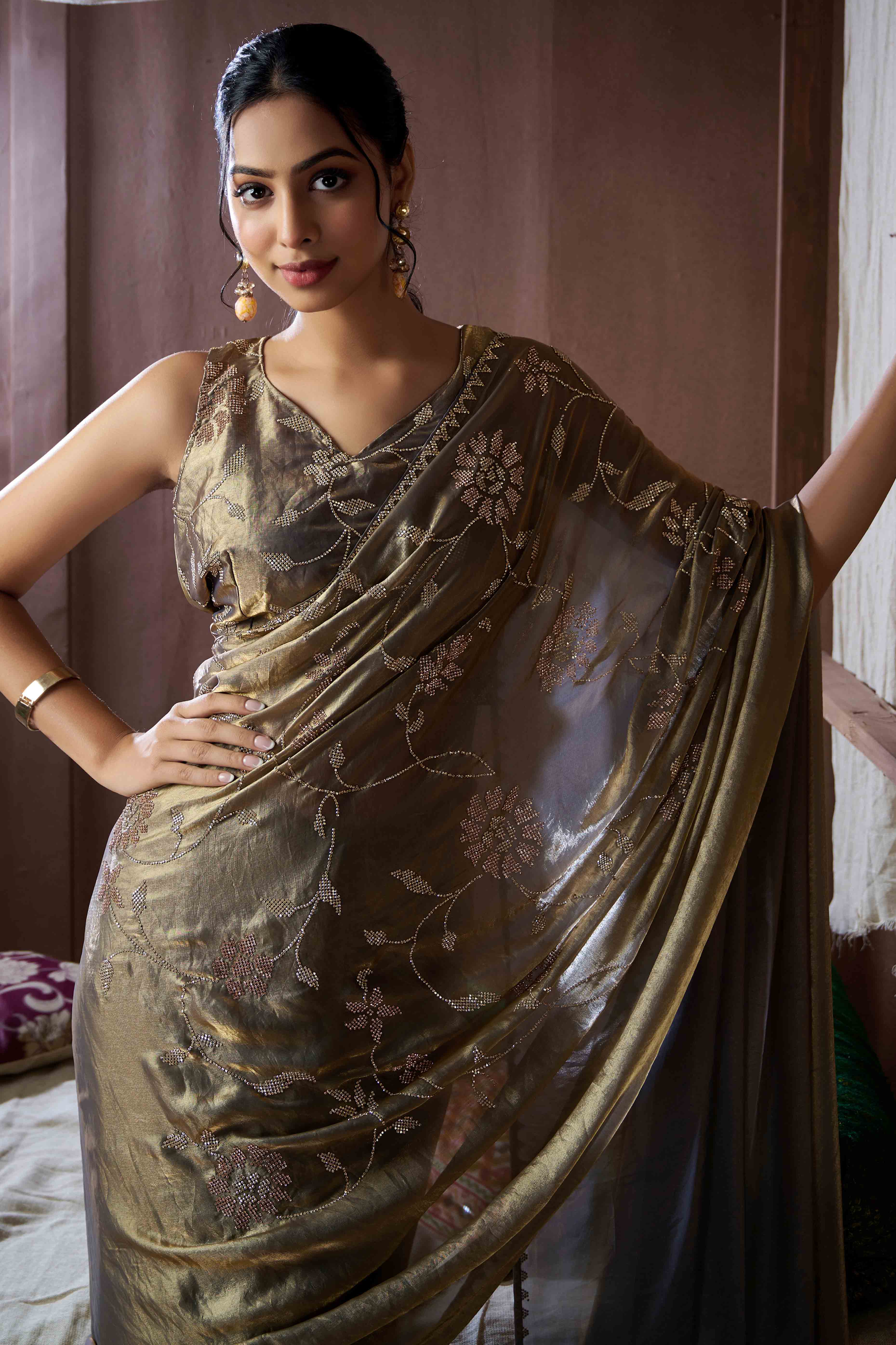 Grey Satin Saree with Exquisite Stone Embellishments