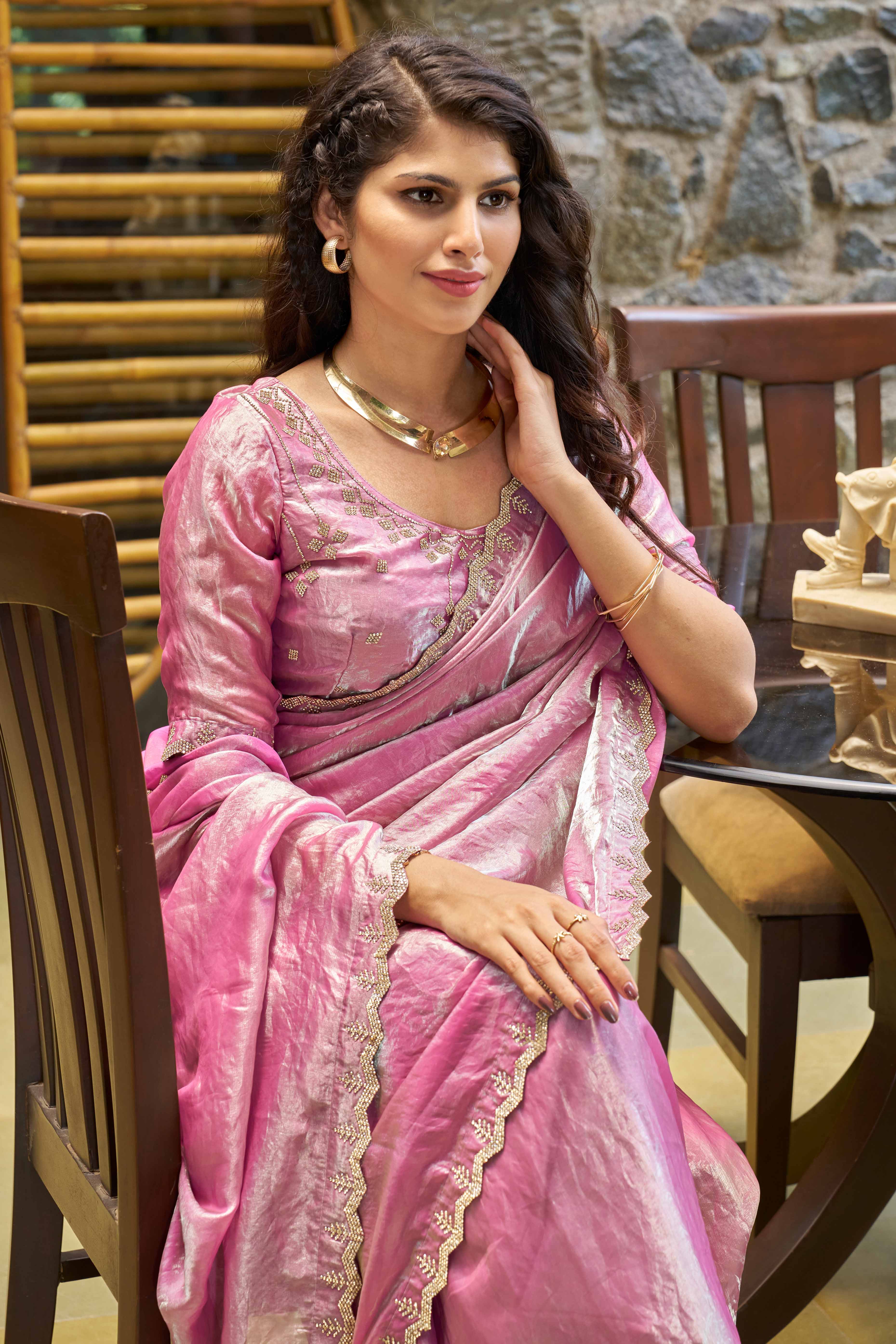 Regal Orchid Purple Chiffon Solid Saree With Graceful Zarkan Detailing