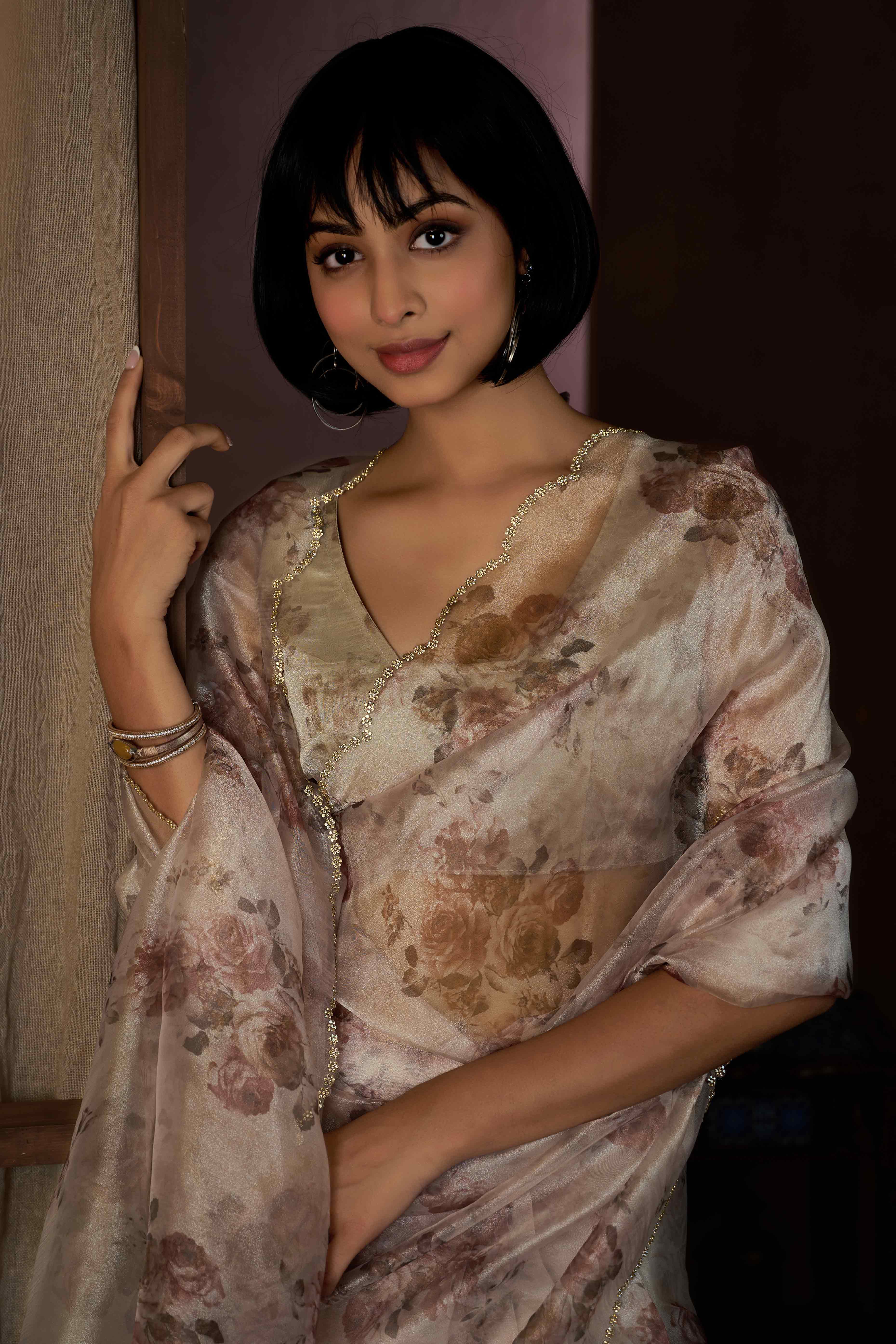 White Floral Printed Soft Organza Saree With Stone Work Border