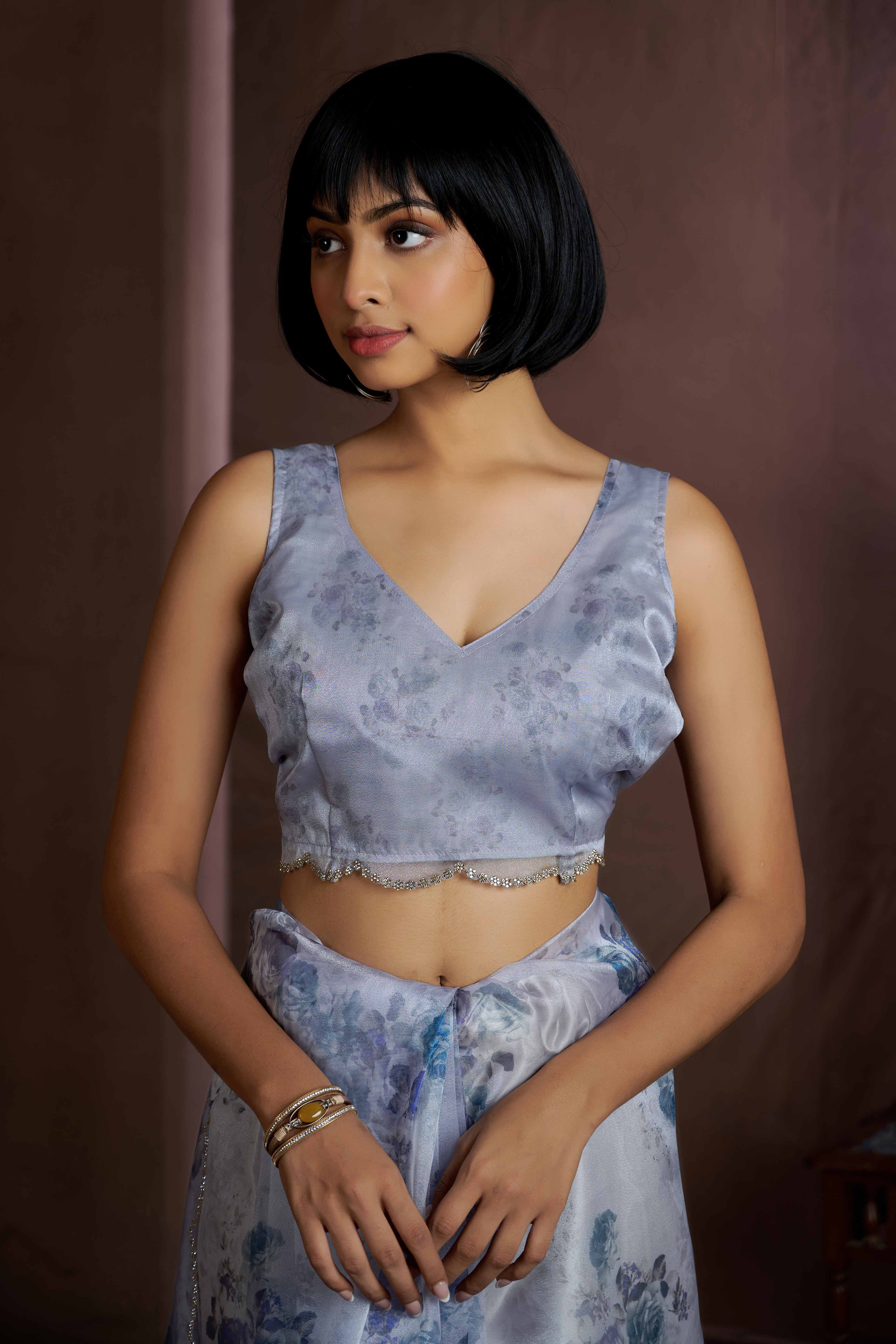 Blue Floral Printed Soft Organza Saree With Stone Work Border