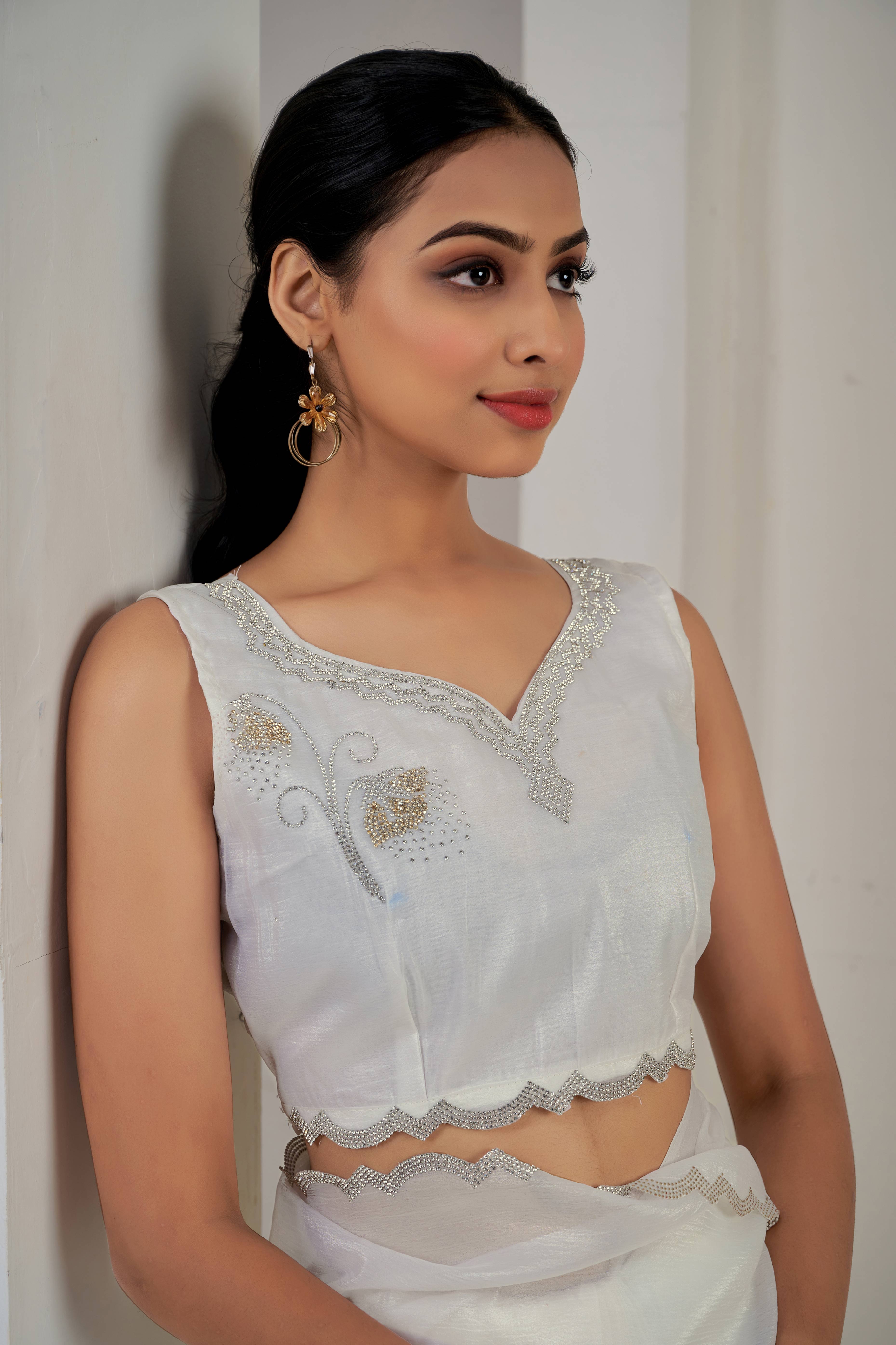 White Stone Work Embroidered Crepe Silk Saree