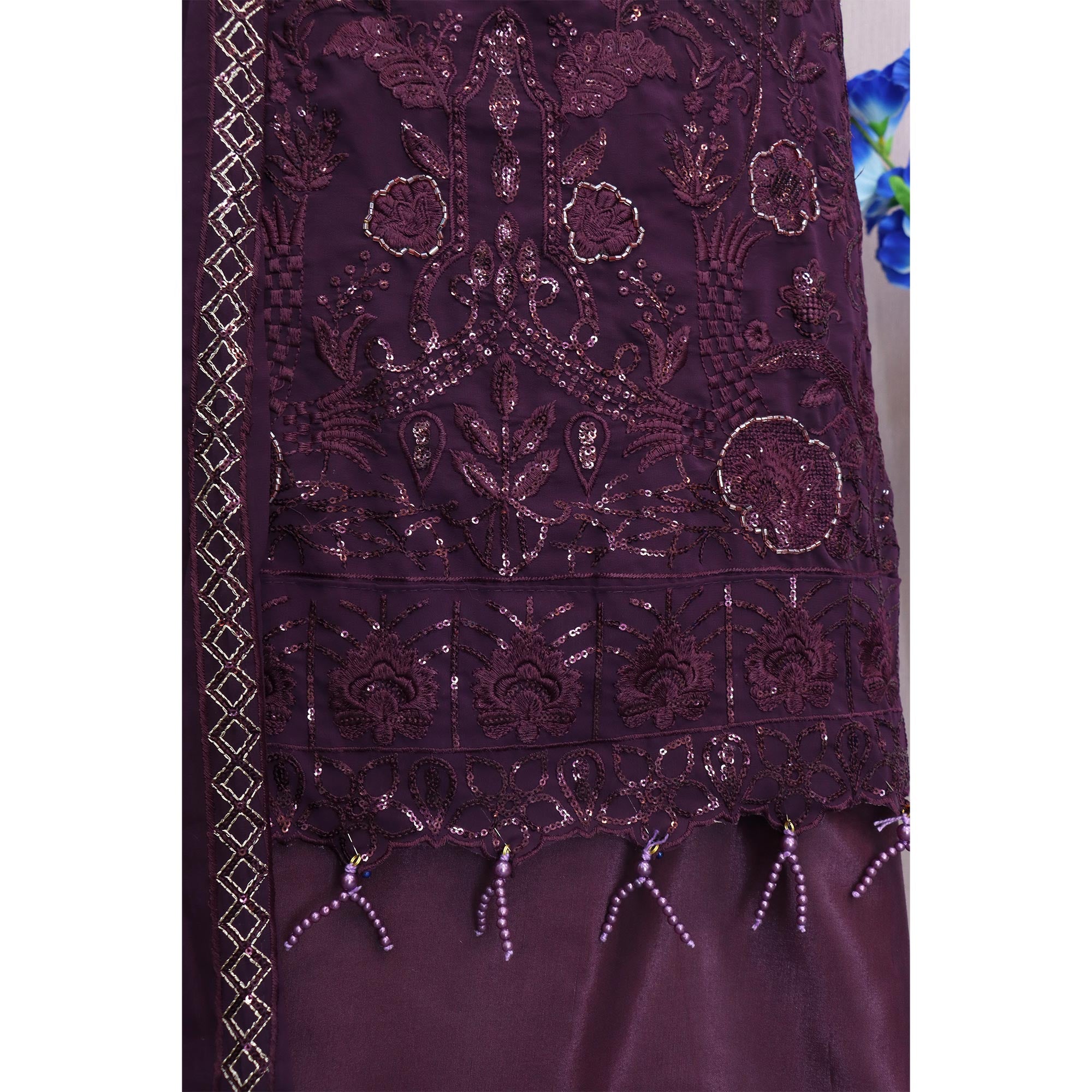 Purple Heavy Embroidered Work Georgette Dress Material