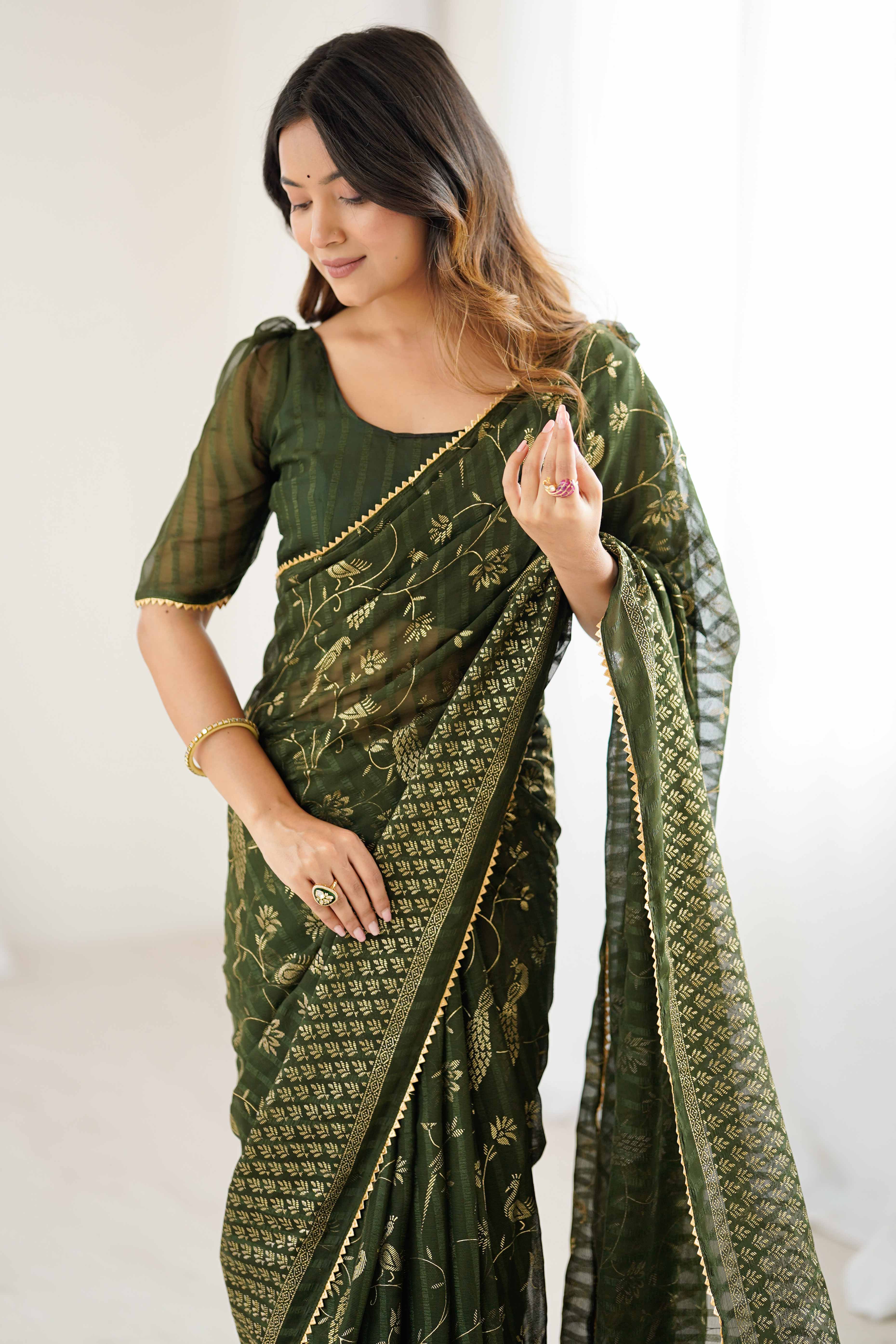 Mehendi Green Georgette Saree with Shimmering Foil Print & Gota Patti Border