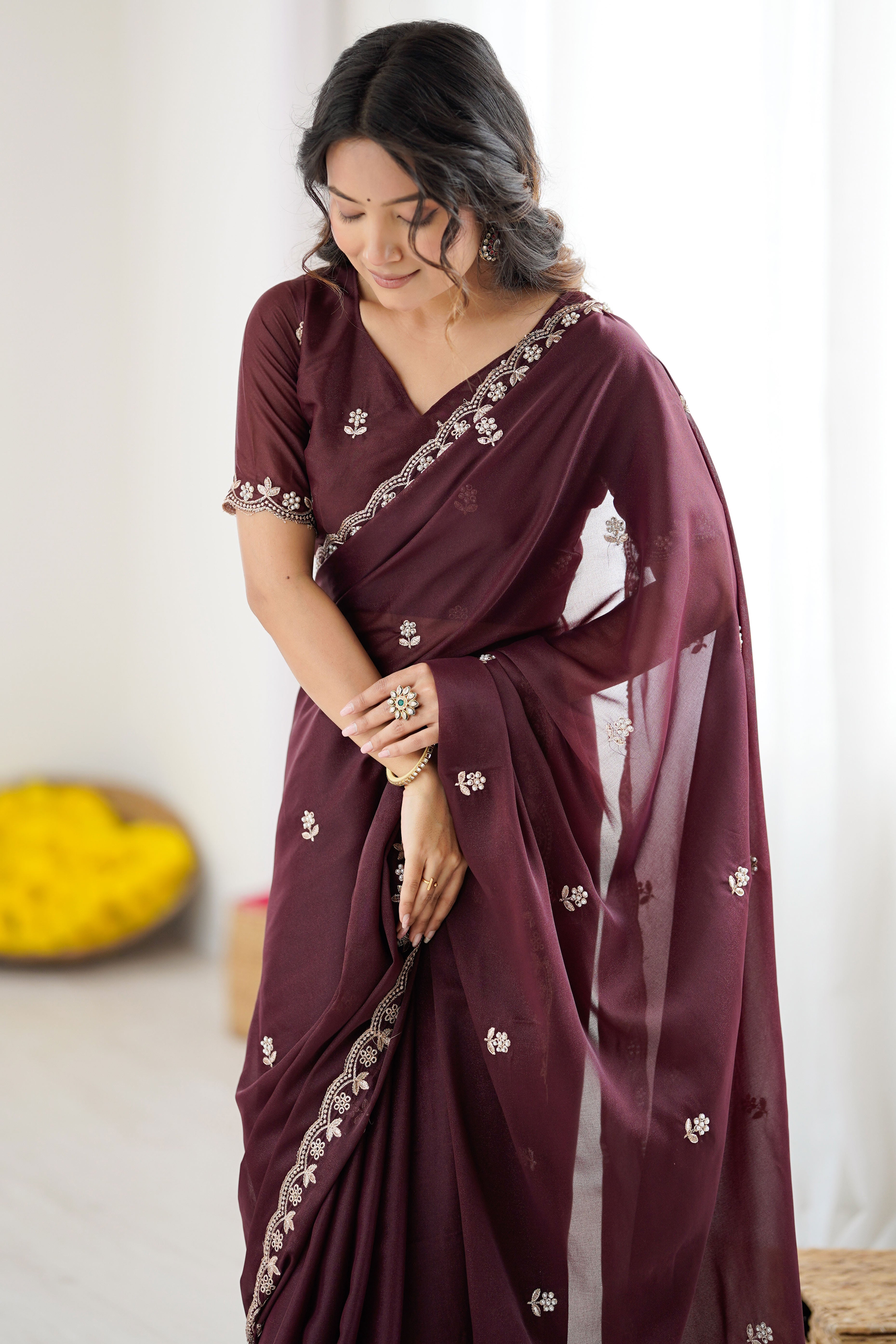 Brown Partywear Star Georgette Saree Adorned with Floral Embroidery and Beads Work