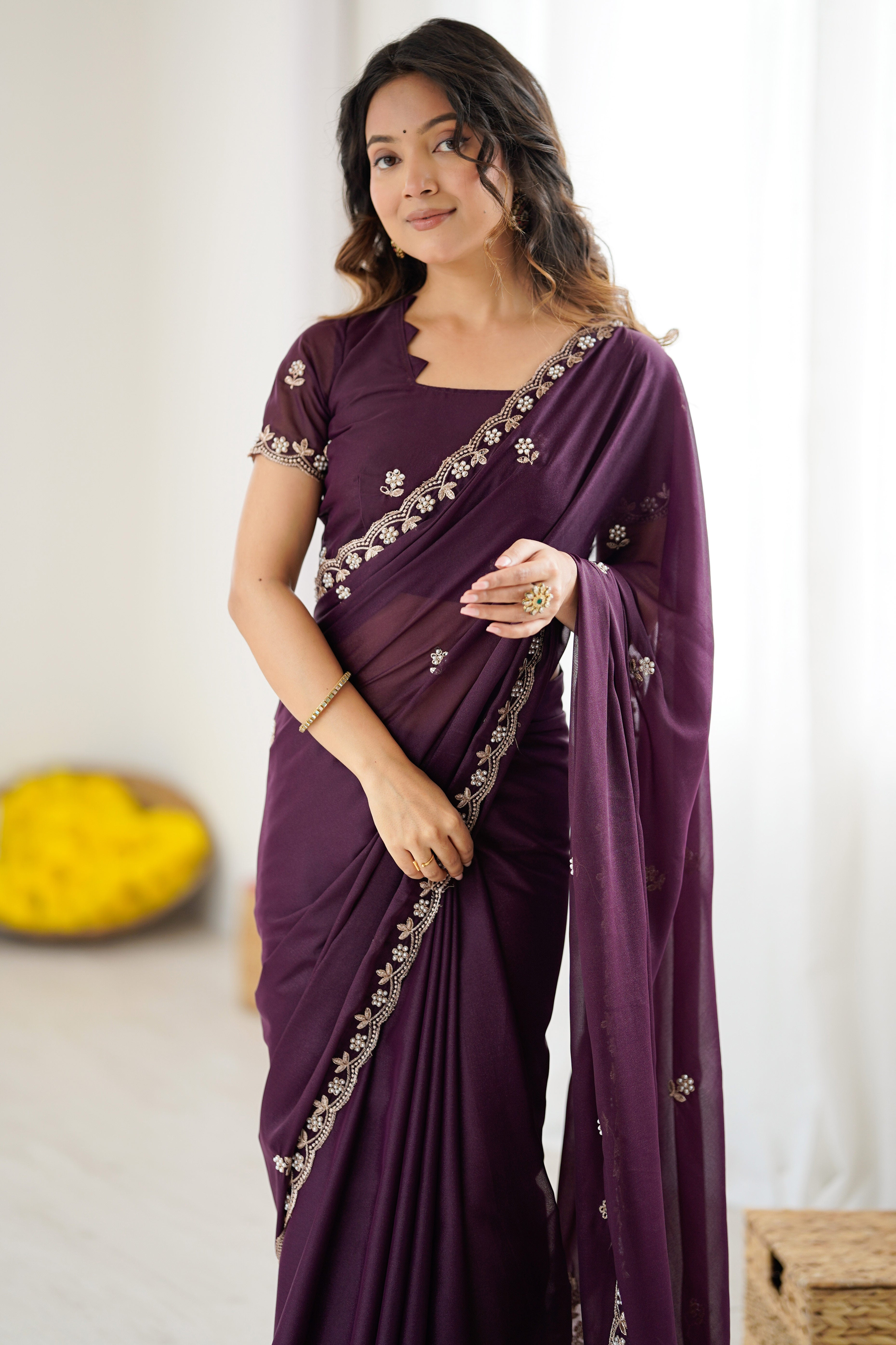 Wine Partywear Star Georgette Saree Adorned with Floral Embroidery and Beads Work
