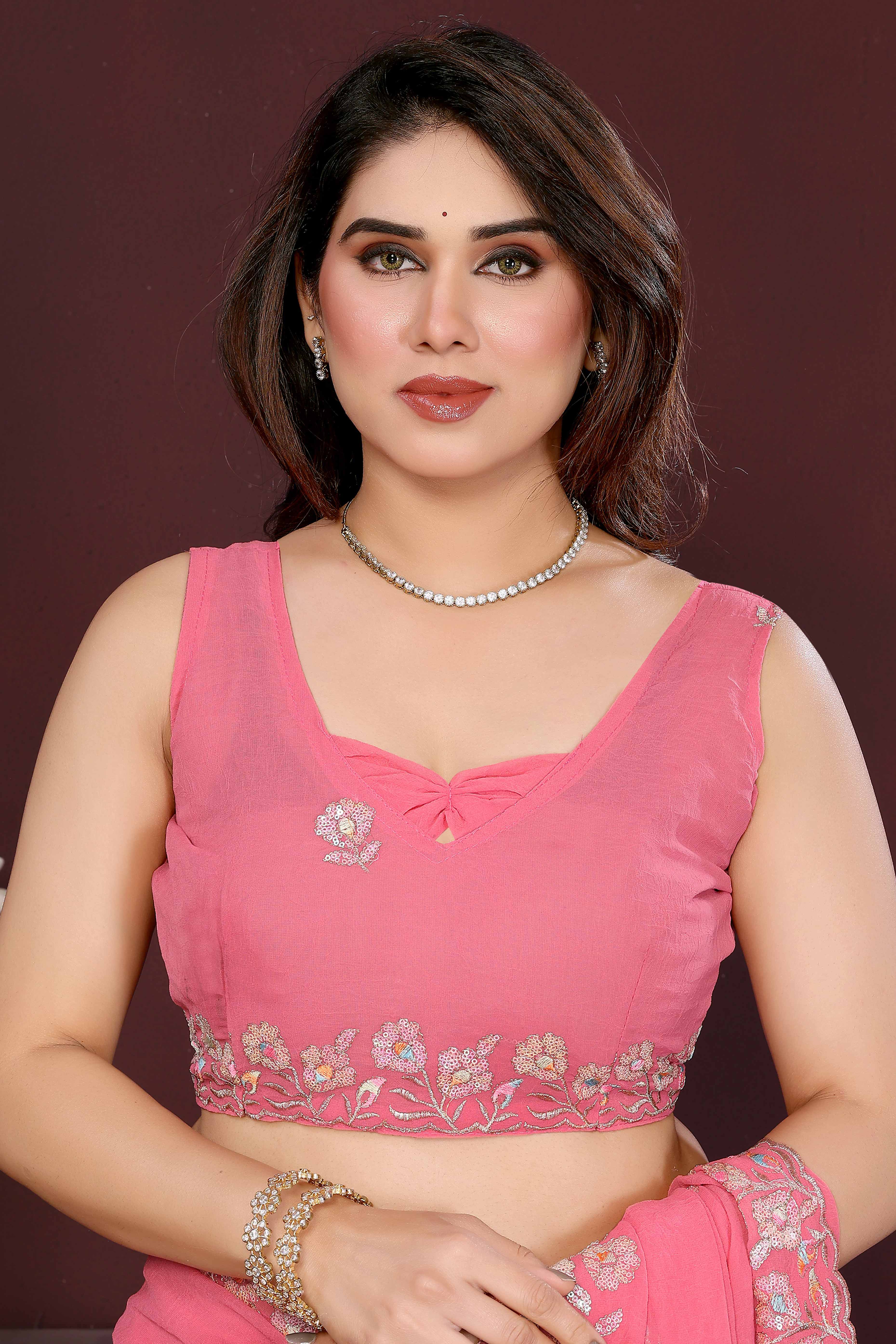 Gajari Pink Georgette Saree Featuring Intricate Floral Sequin Embroidery