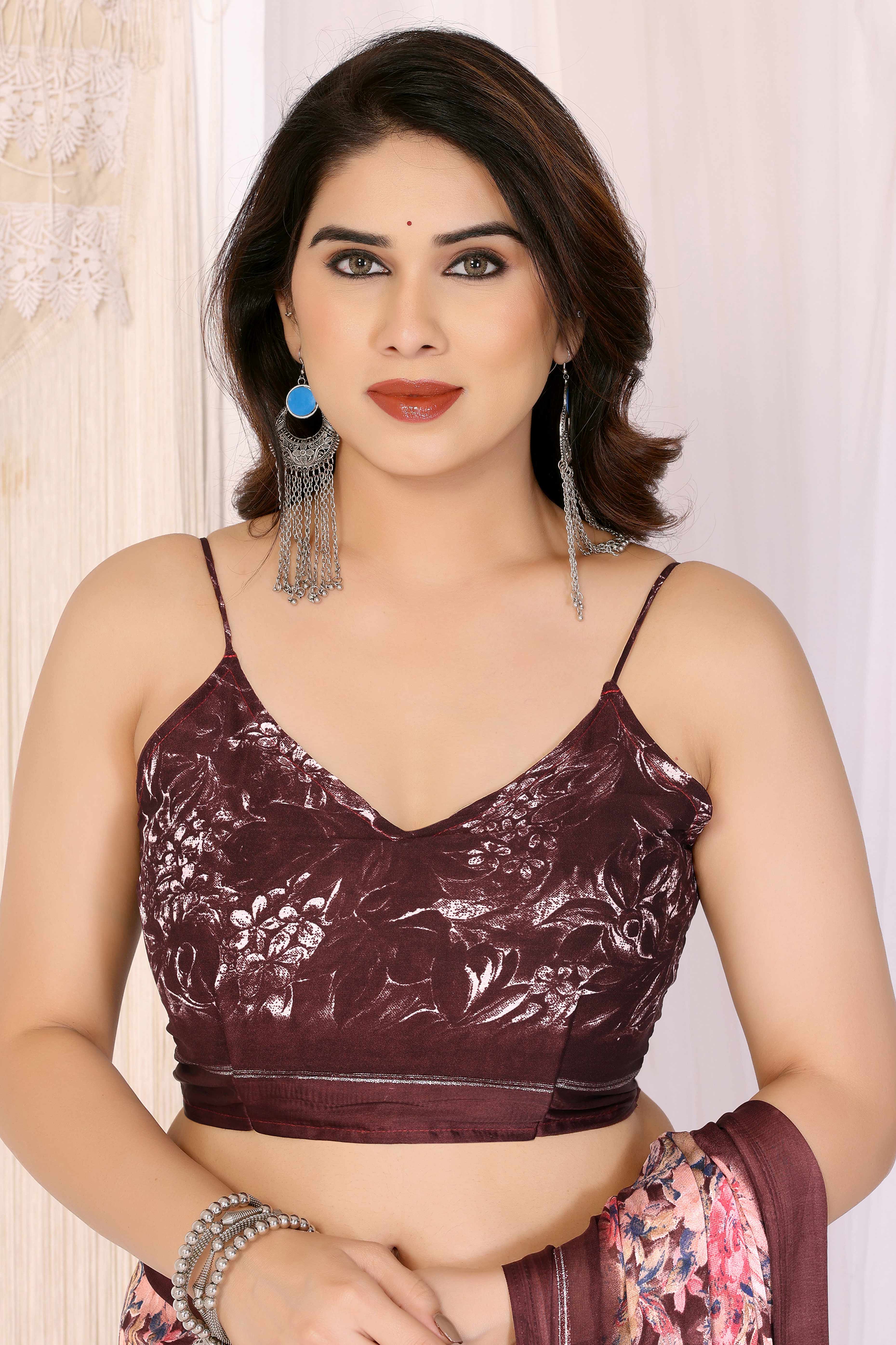 Maroon Moss Satin Saree With Blooming Floral Print Design