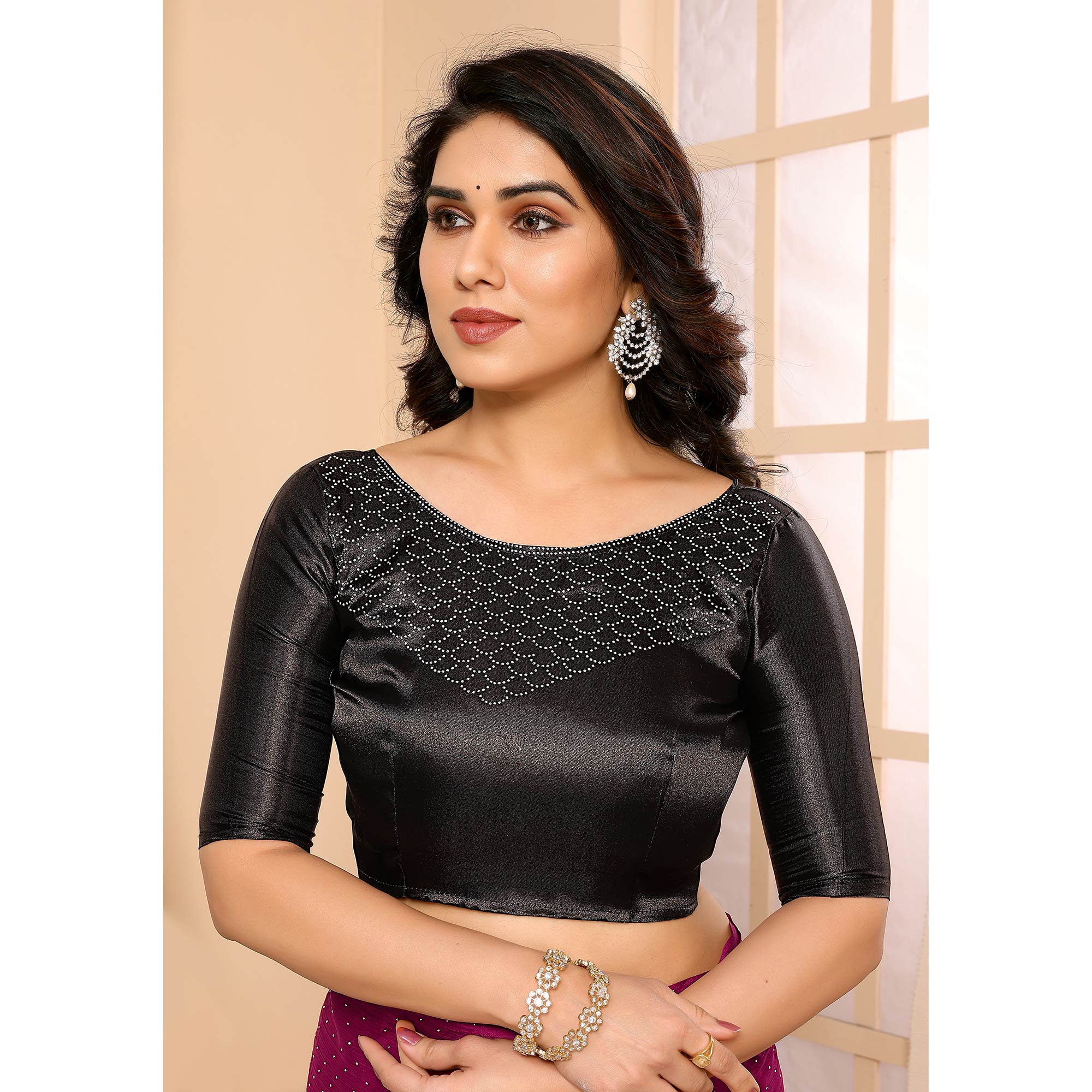 Purple Swarovski Work Satin Chiffon Saree With Tassels