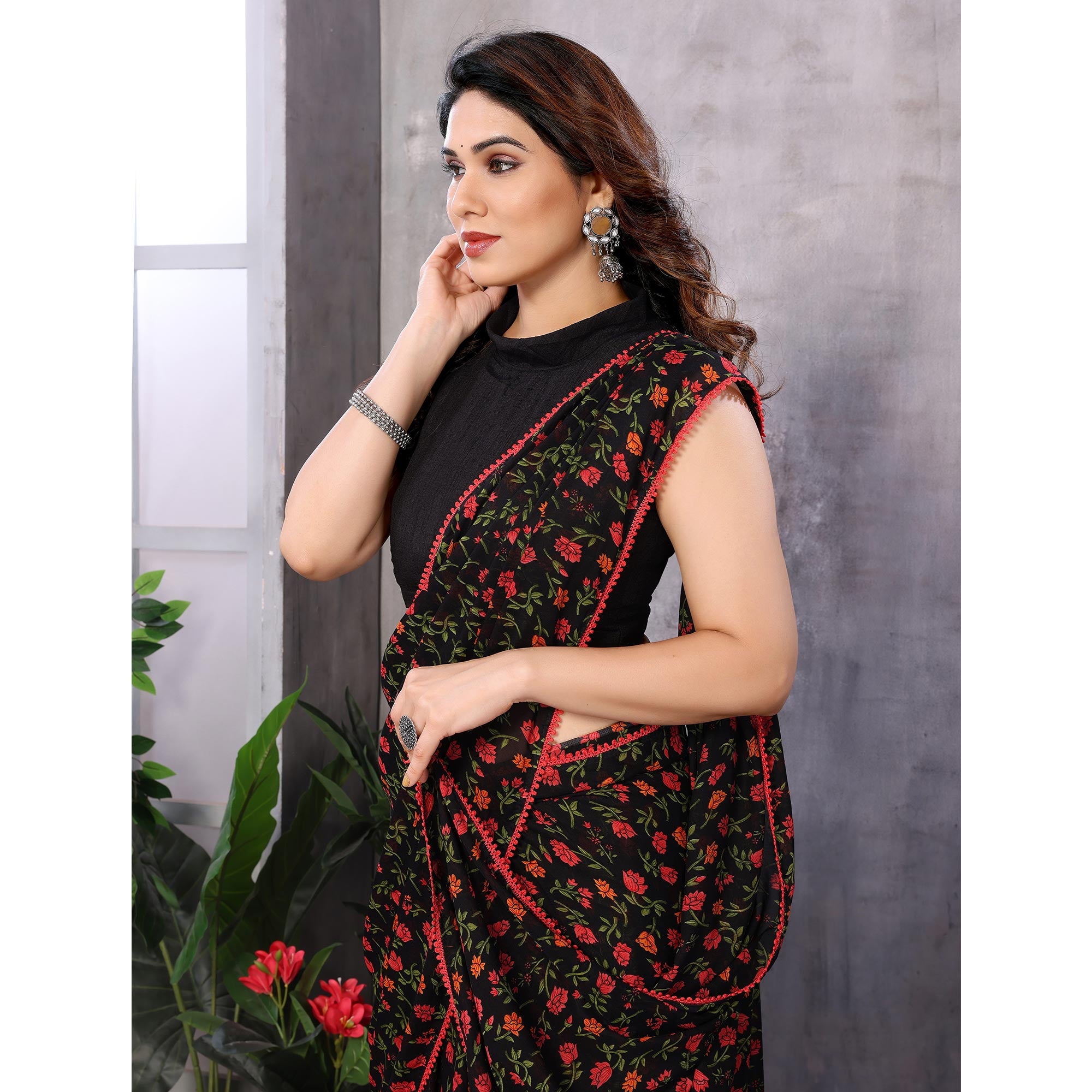 Black Floral Printed Georgette Ready To Wear Saree