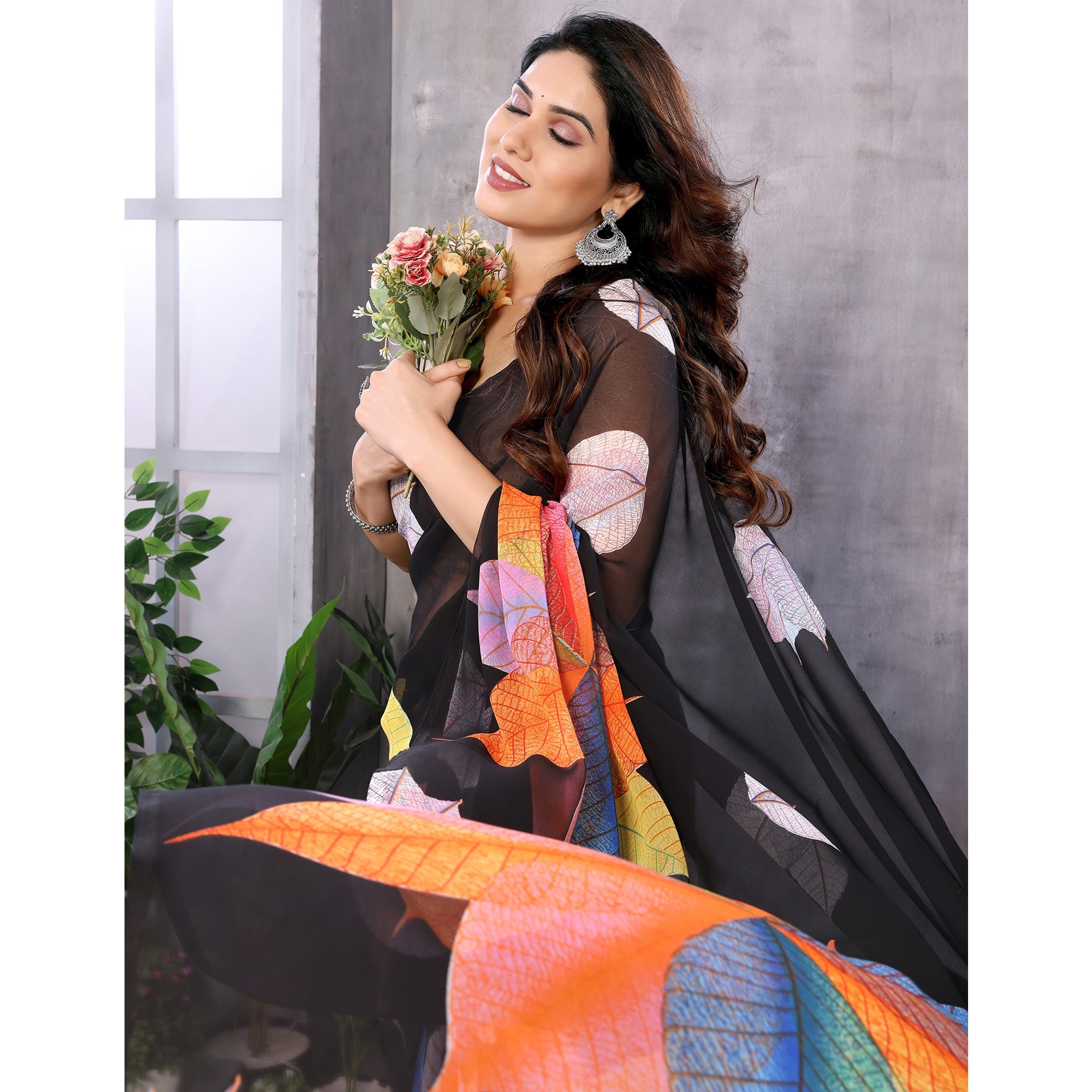 Black Printed Georgette Ready To Wear Saree