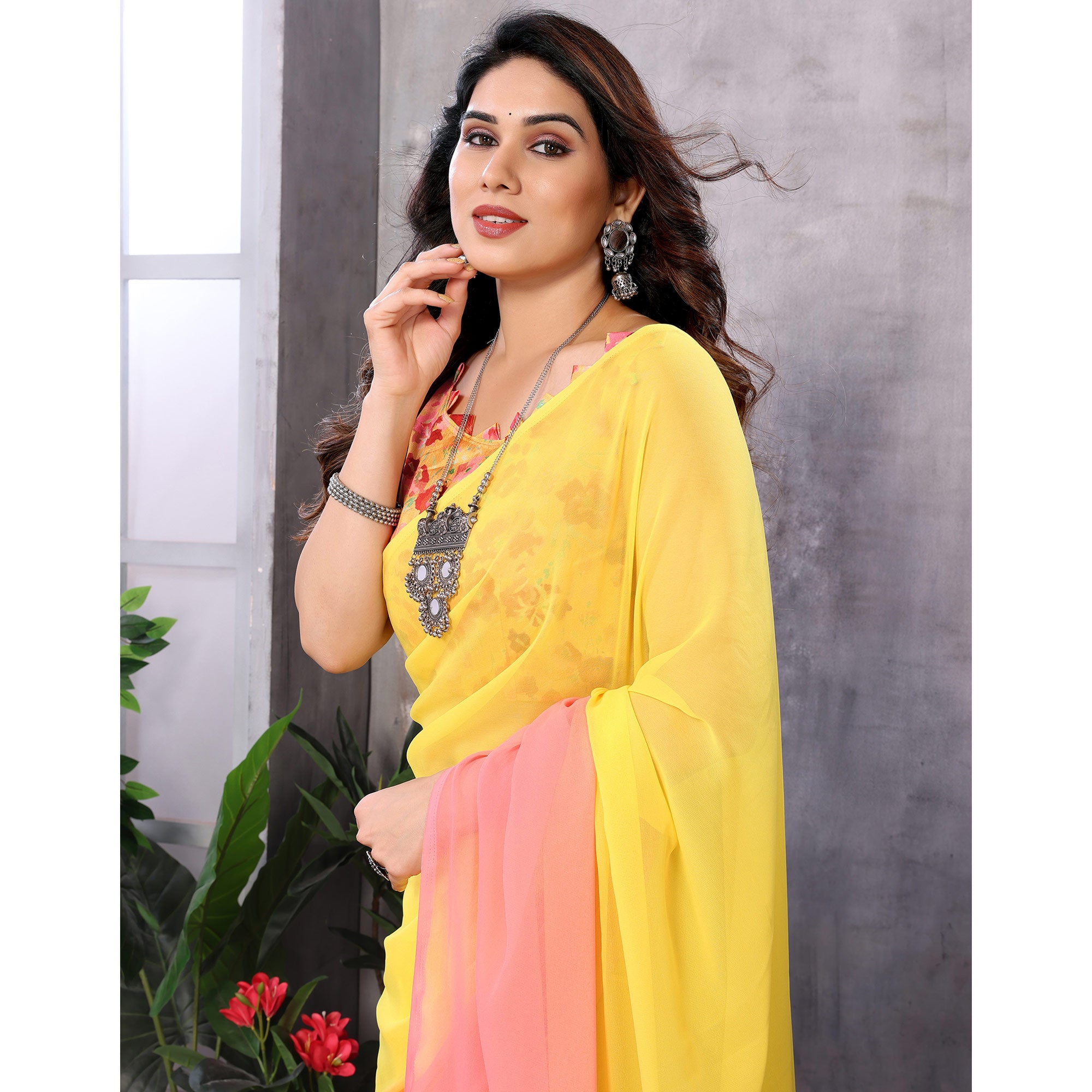 Yellow & Pink Ombre Printed Georgette Ready To Wear Saree