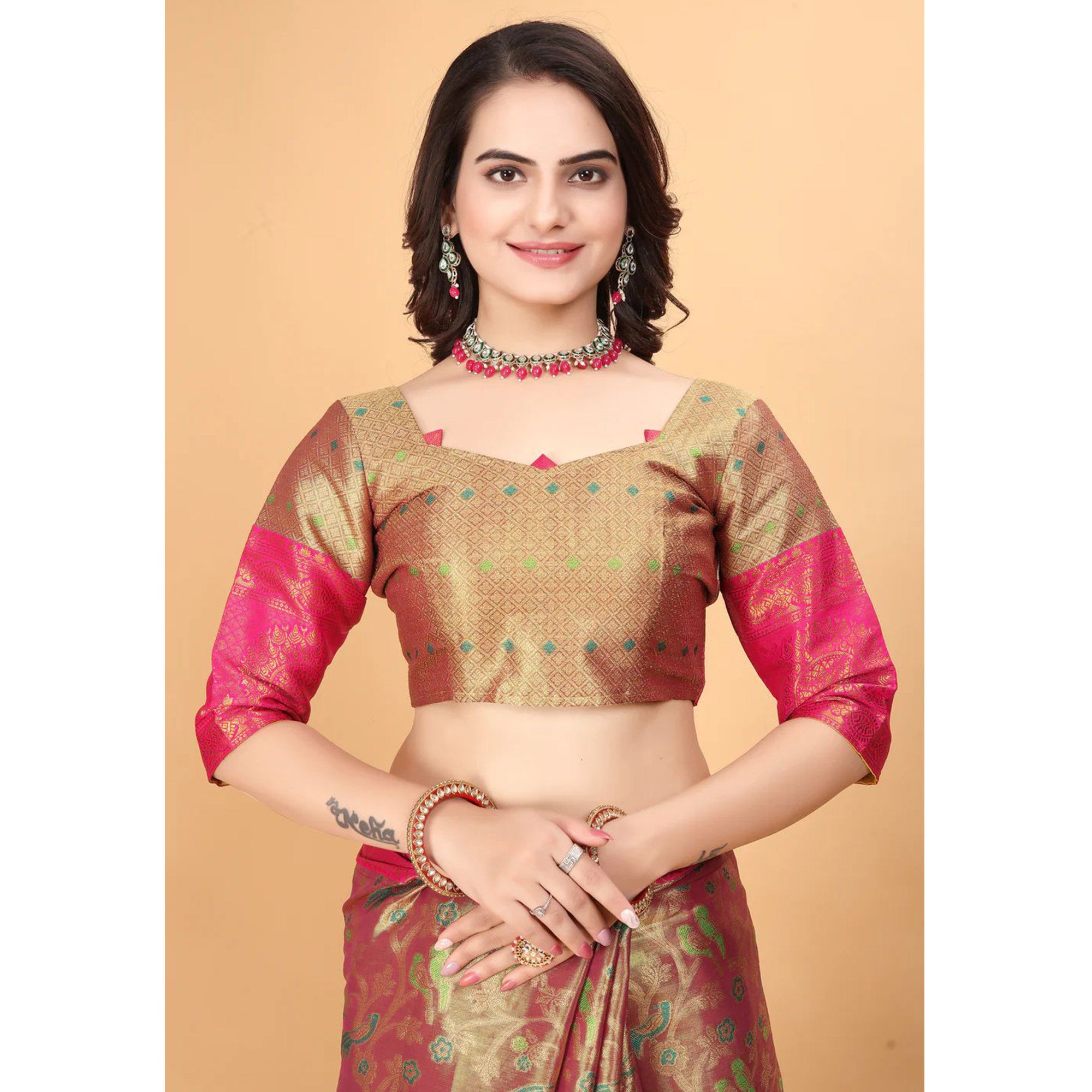 Rani Pink Floral Woven Tissue Silk Saree With Tassels