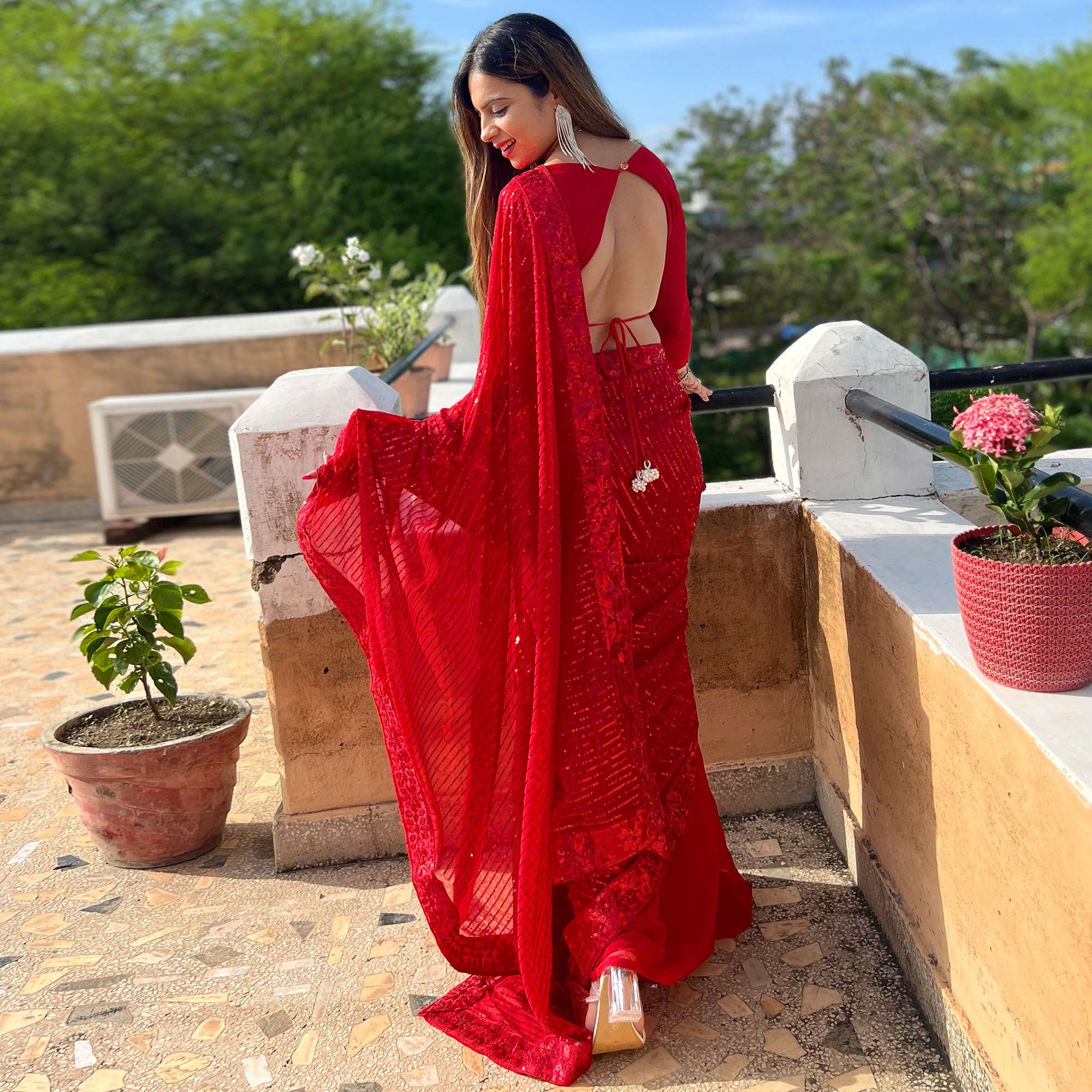 Red Sequins Embroidered Georgette Saree