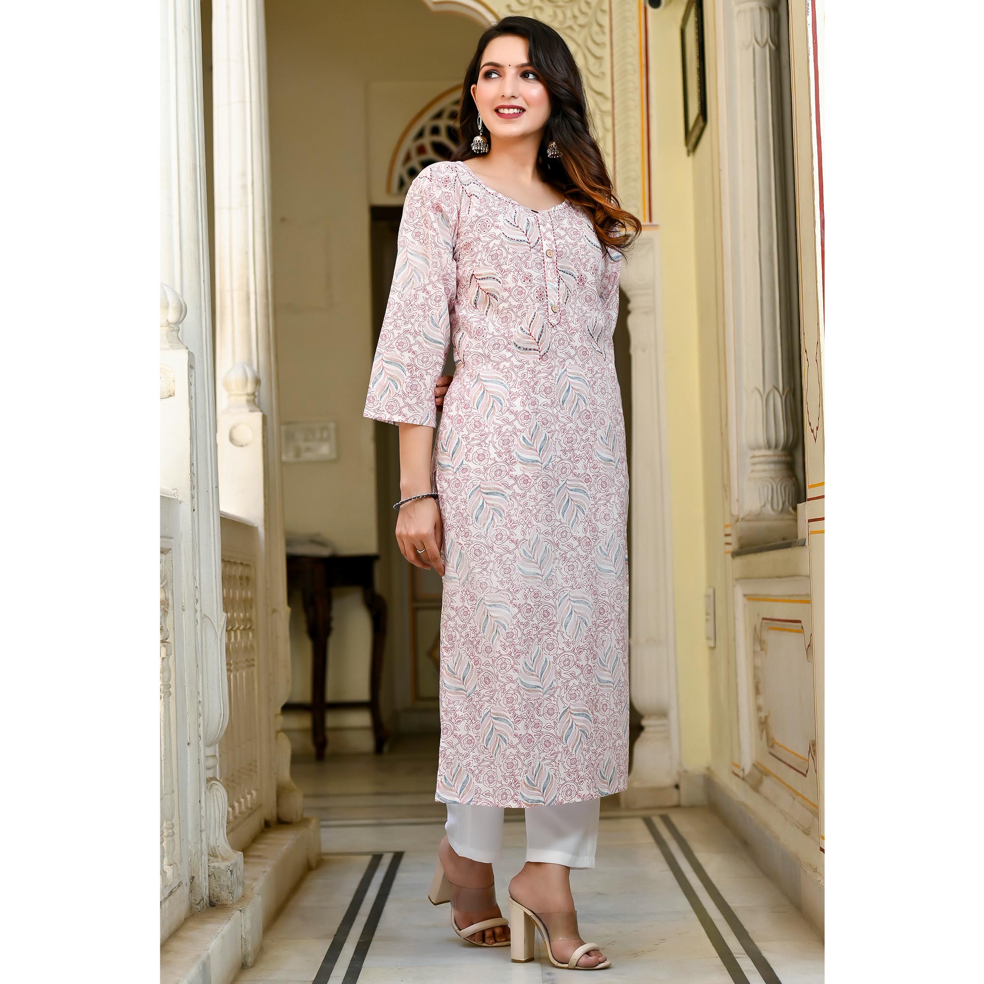 Pink & White Floral Printed Pure Cotton Kurti