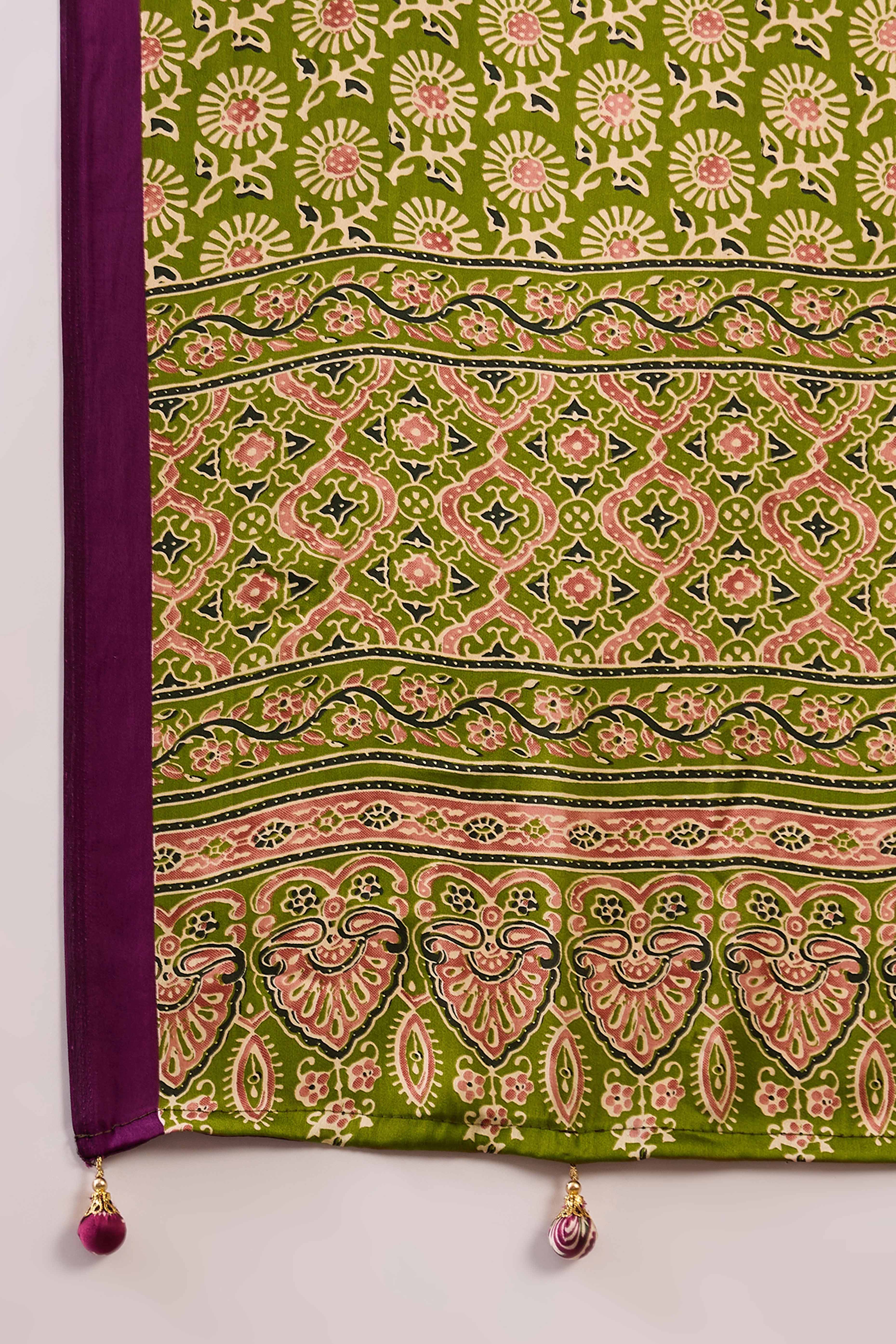 Purple & Green Ajrakh Printed Modal Satin Saree with Elegant Party Wear Appeal