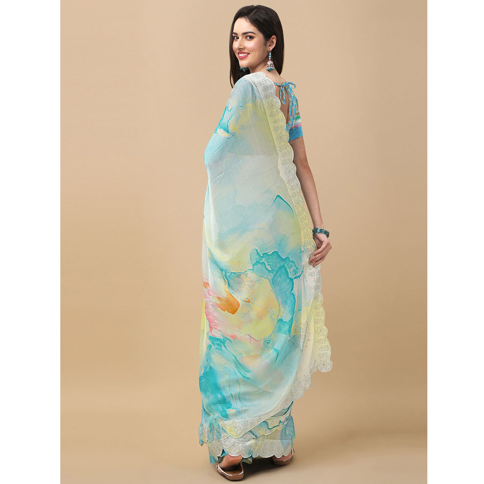 Sky Blue Printed With Swarovski Work Chiffon Saree