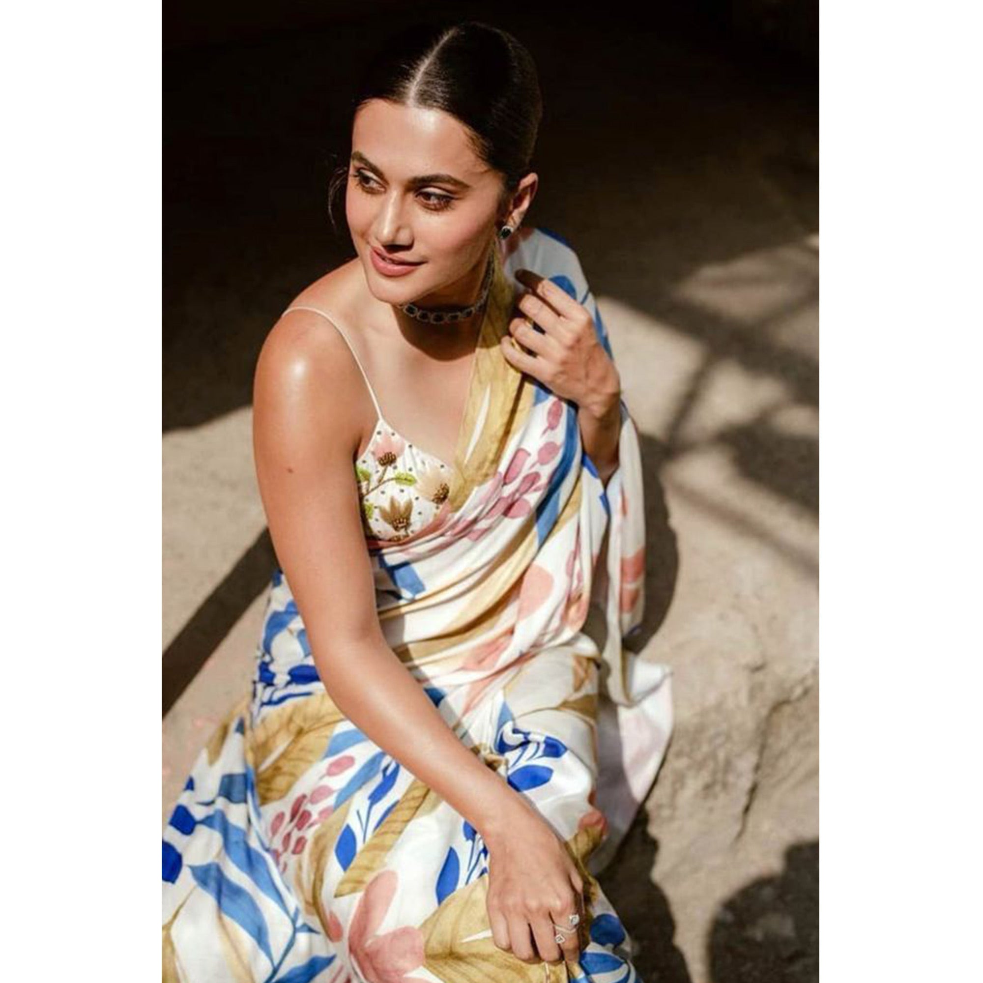 Off White Digital Printed Chinon Saree