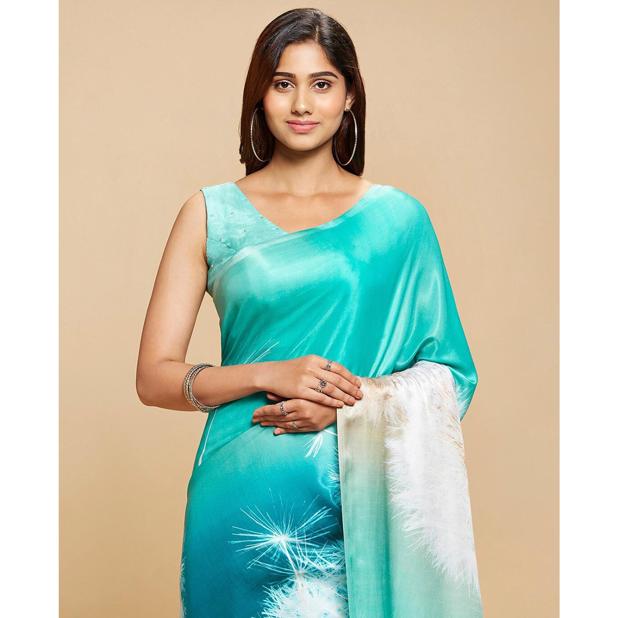 Turquoise Digital Printed Chinon Saree