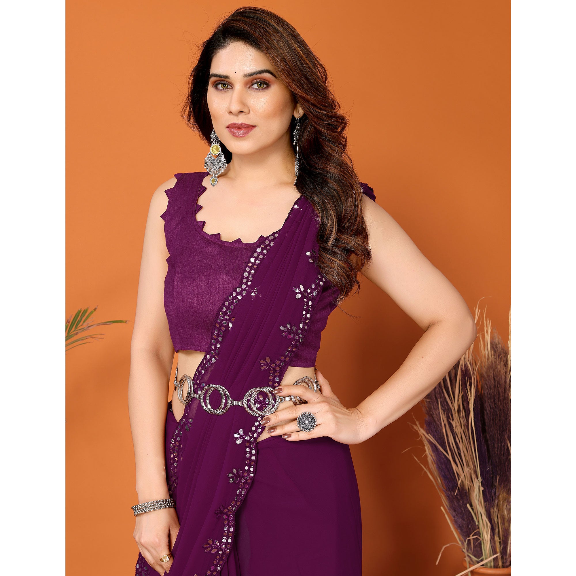 Purple Embellished Georgette Saree With Mirror Work