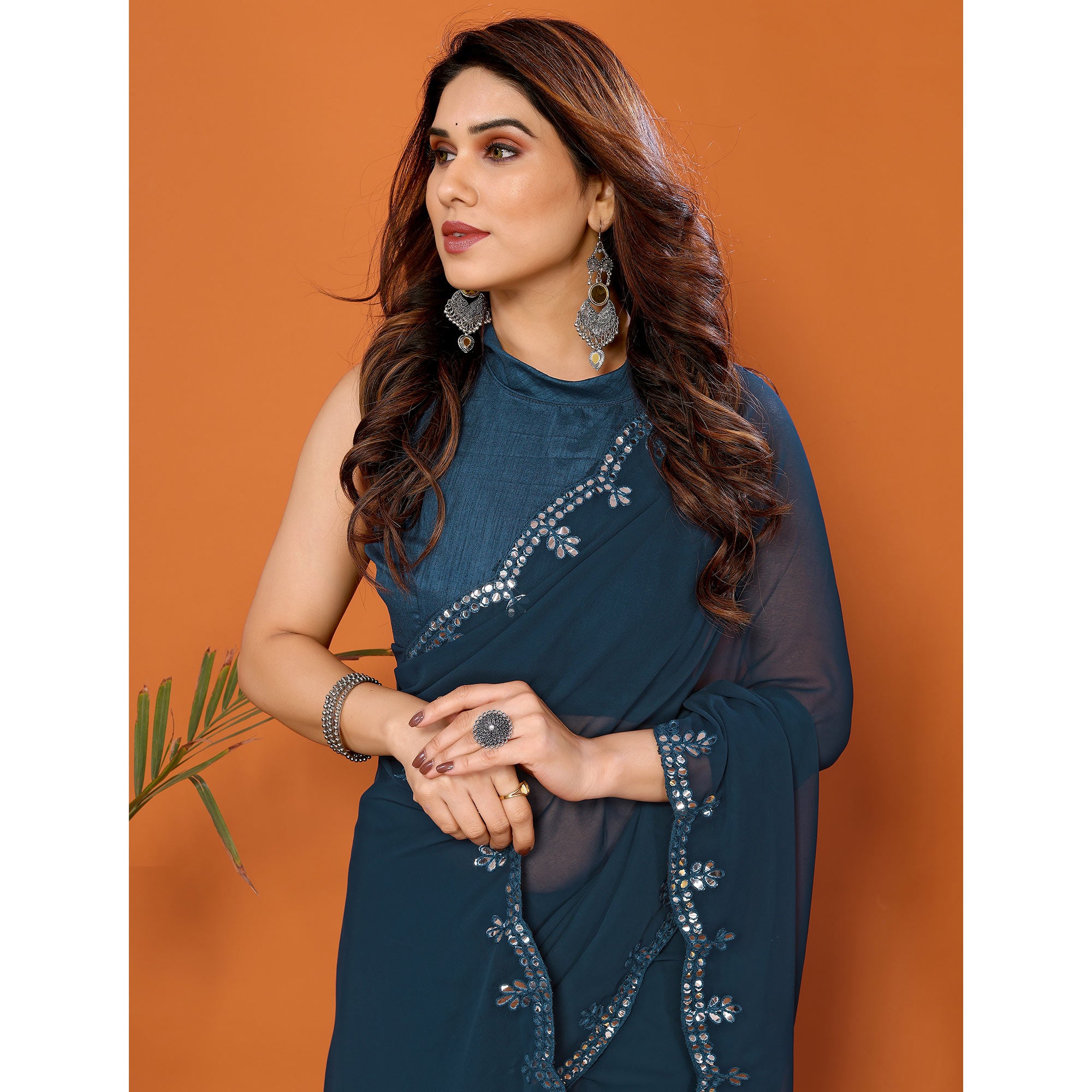 Teal Embellished Georgette Saree With Mirror Work