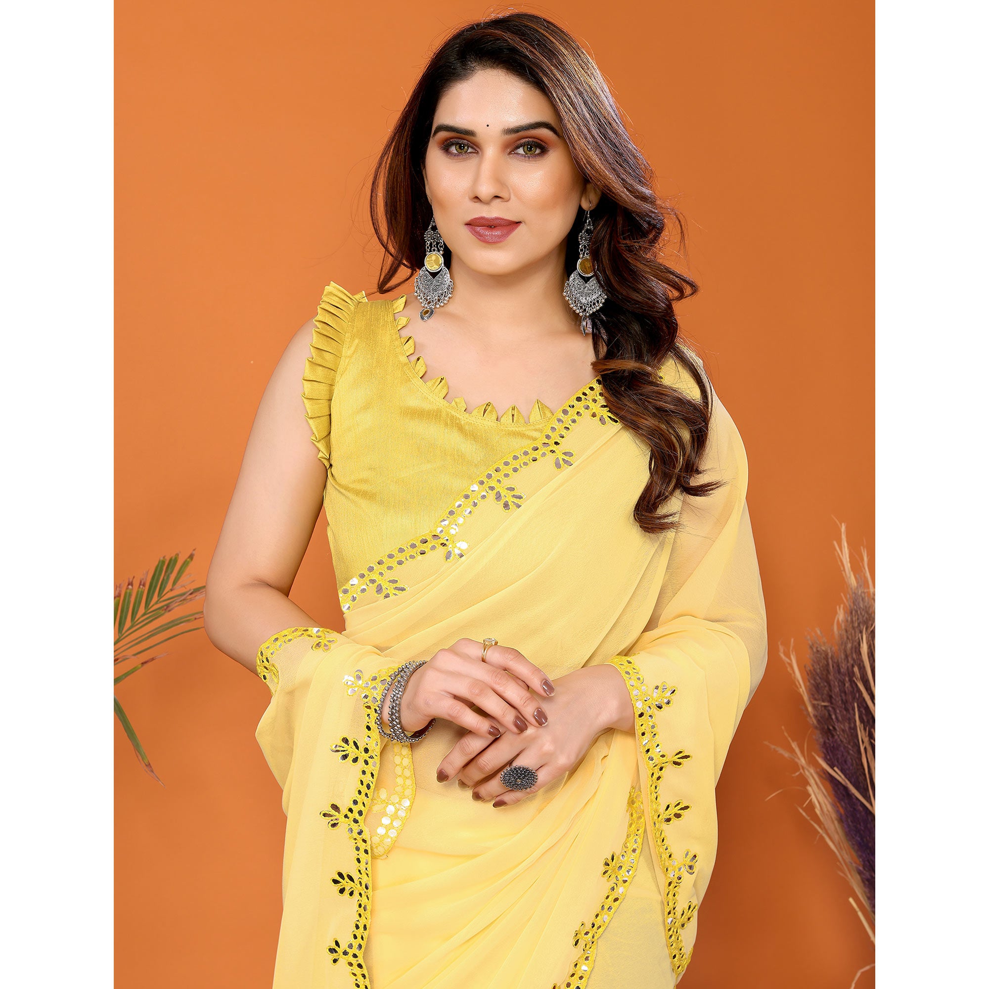 Yellow Embellished Georgette Saree With Mirror Work