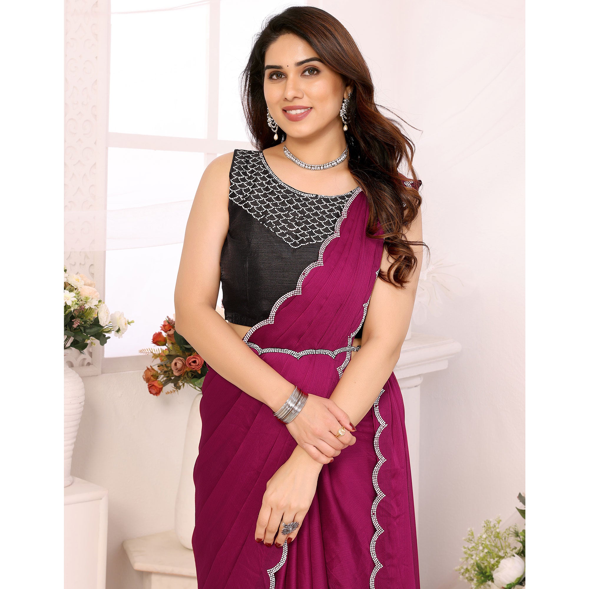 Magenta Solid Chiffon Saree With Stone Work Border