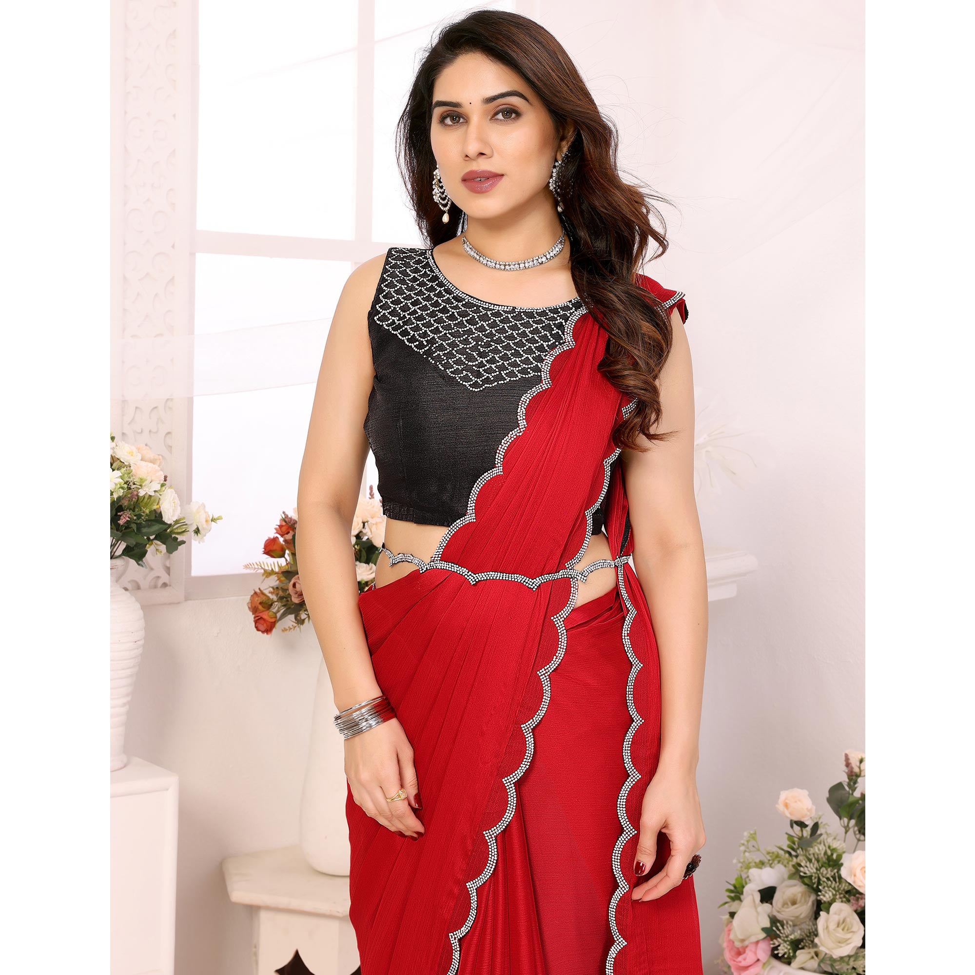 Red Solid Chiffon Saree With Stone Work Border