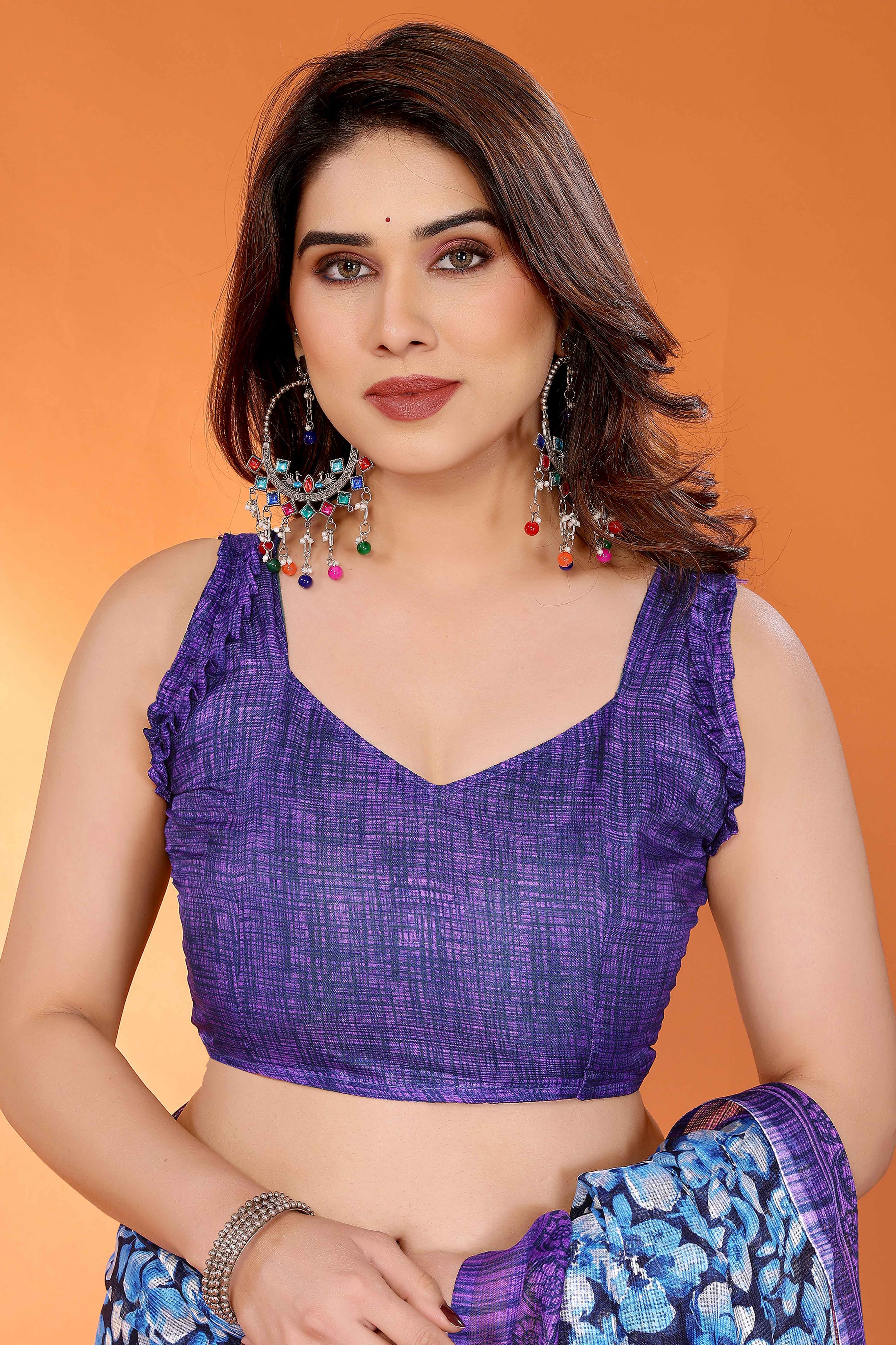 Purple Kota Doria Saree with Graceful Floral Print Work