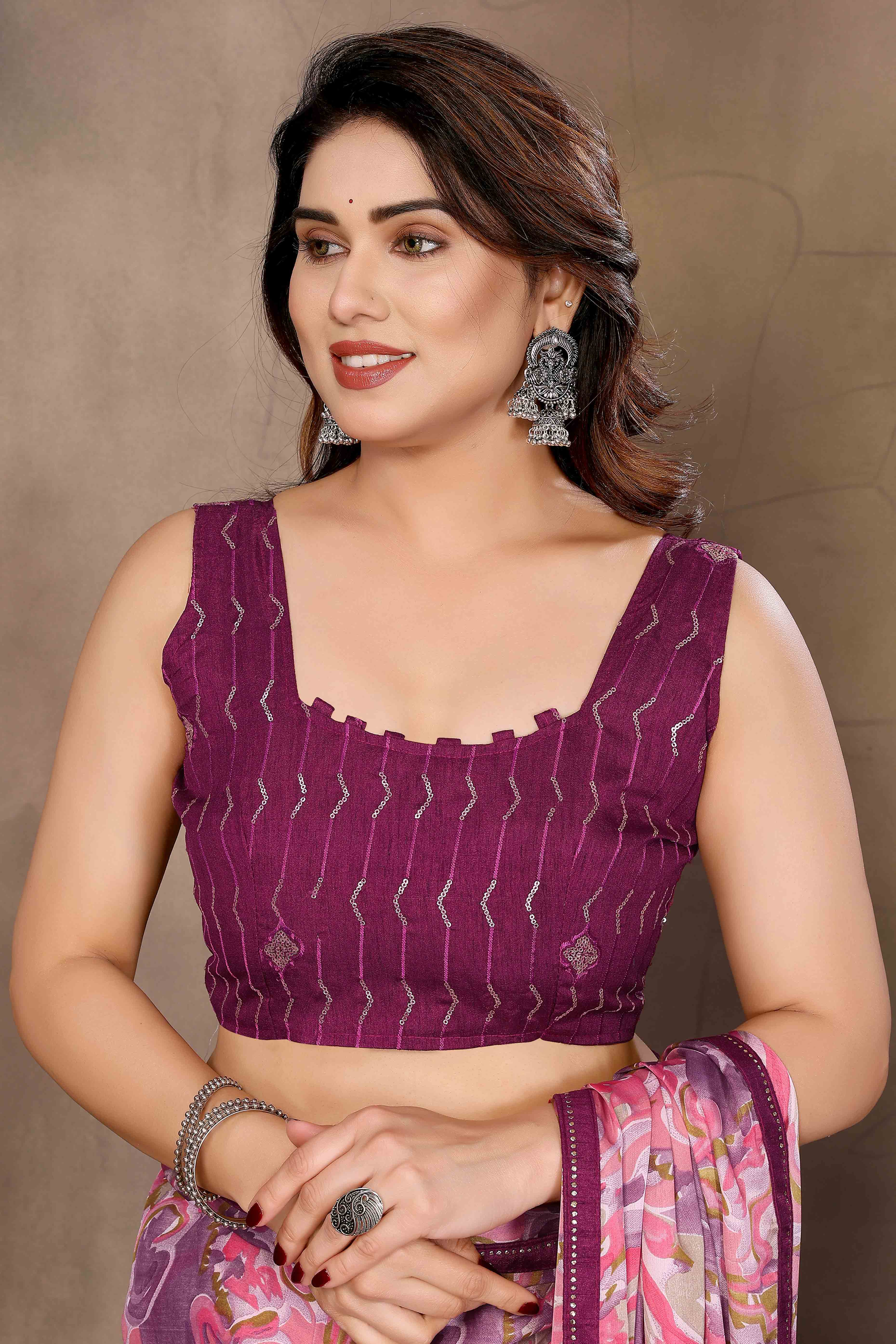 Pink Chiffon Party Saree with Vibrant Floral Patterns and Graceful Drape