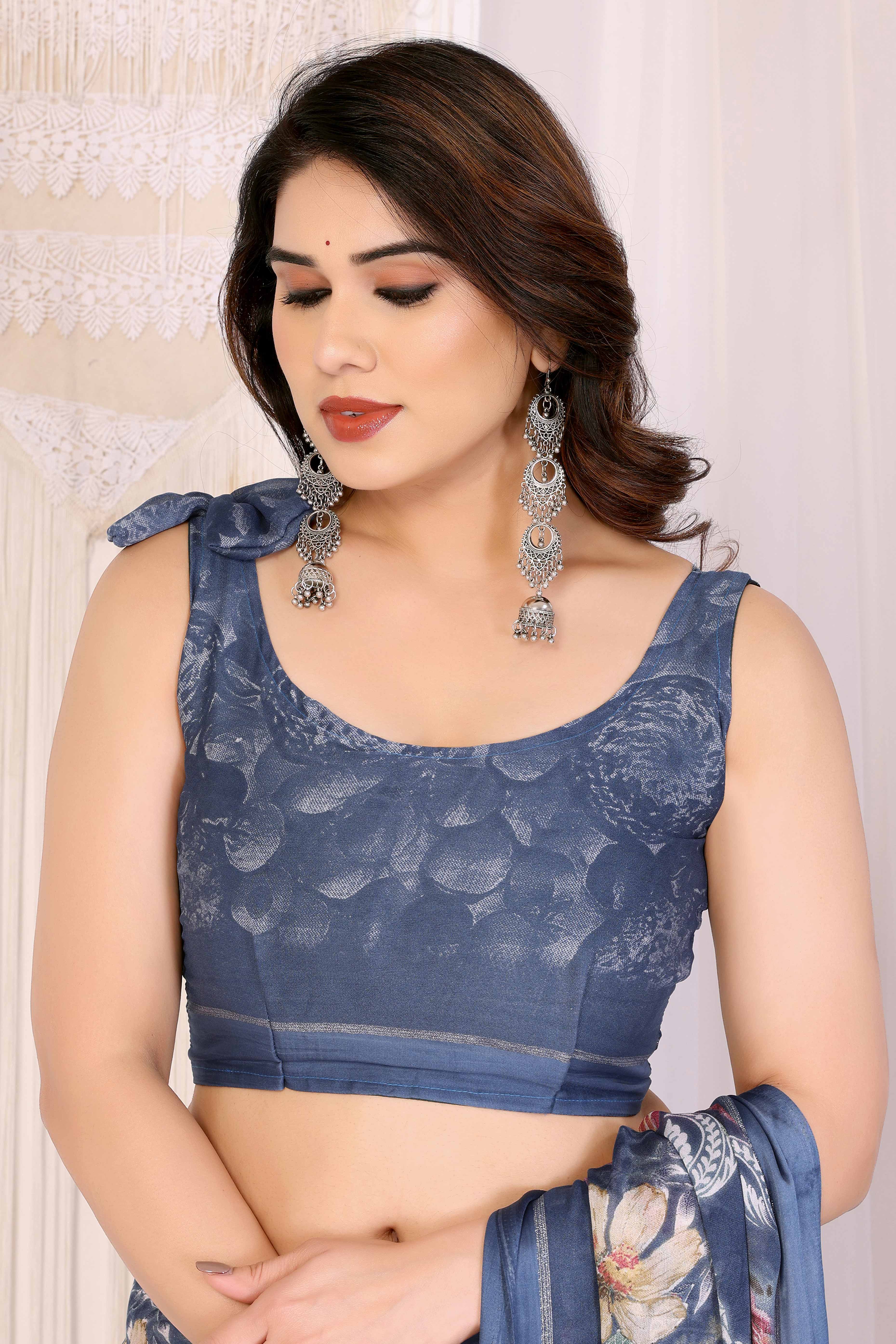 Bluish Grey Floral Printed Crepe Saree Enhanced With A Lustrous Satin Patta Border