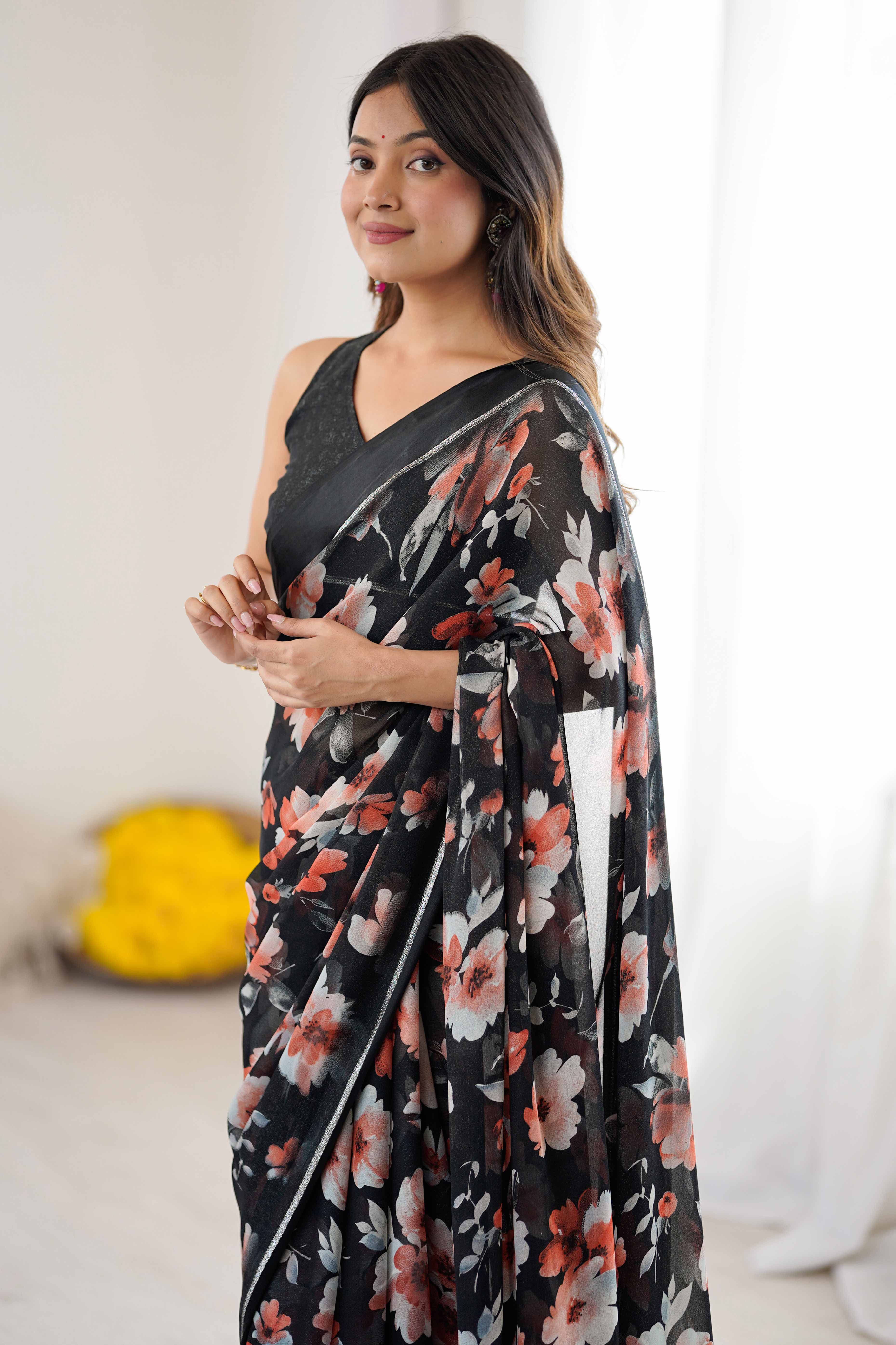 Black Floral Printed Moss Silk Blend Saree Adorned With Playful Tassel Pallu
