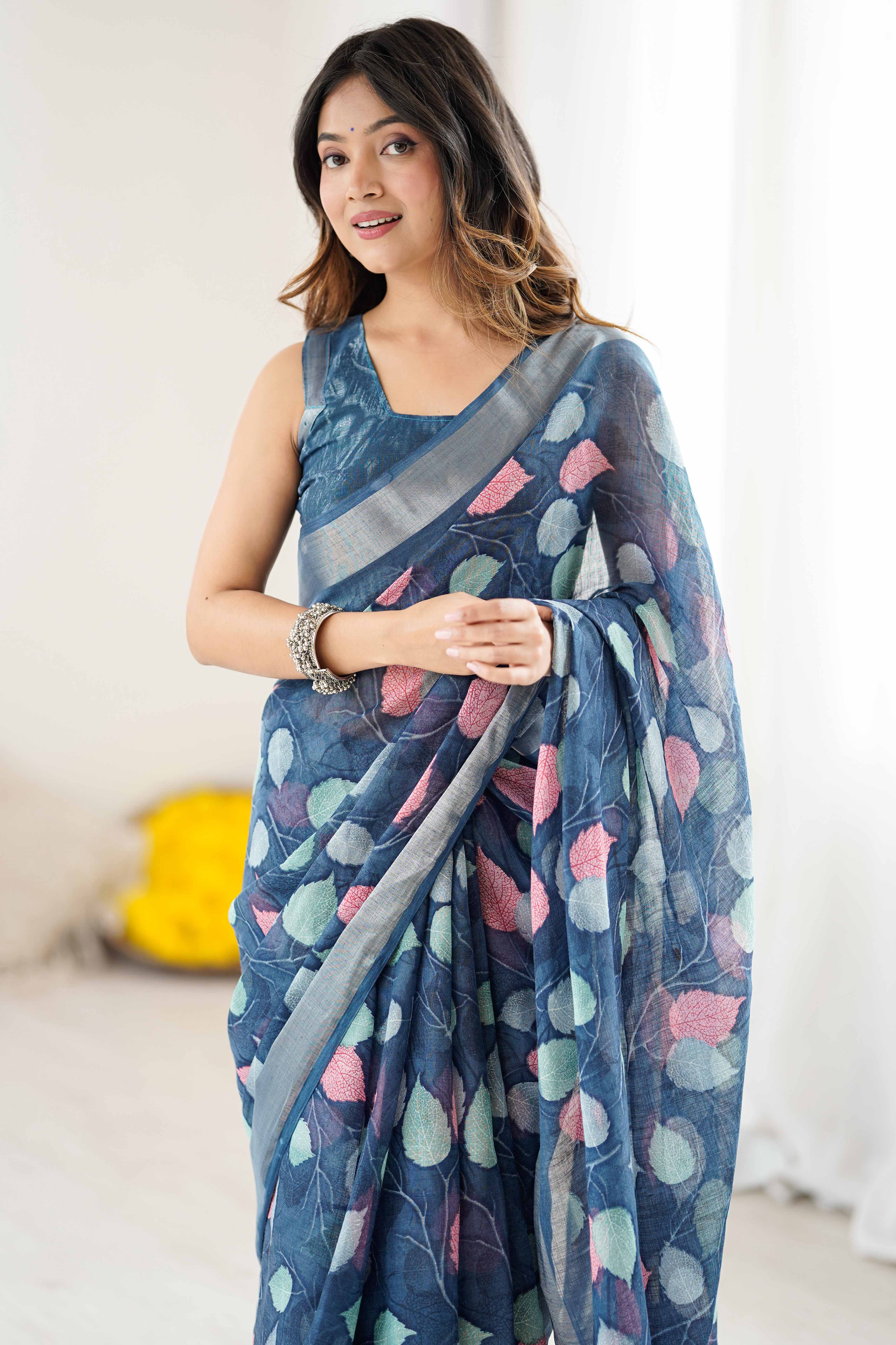 Dark Blue Linen Saree With Graceful All Over Leaf Pattern