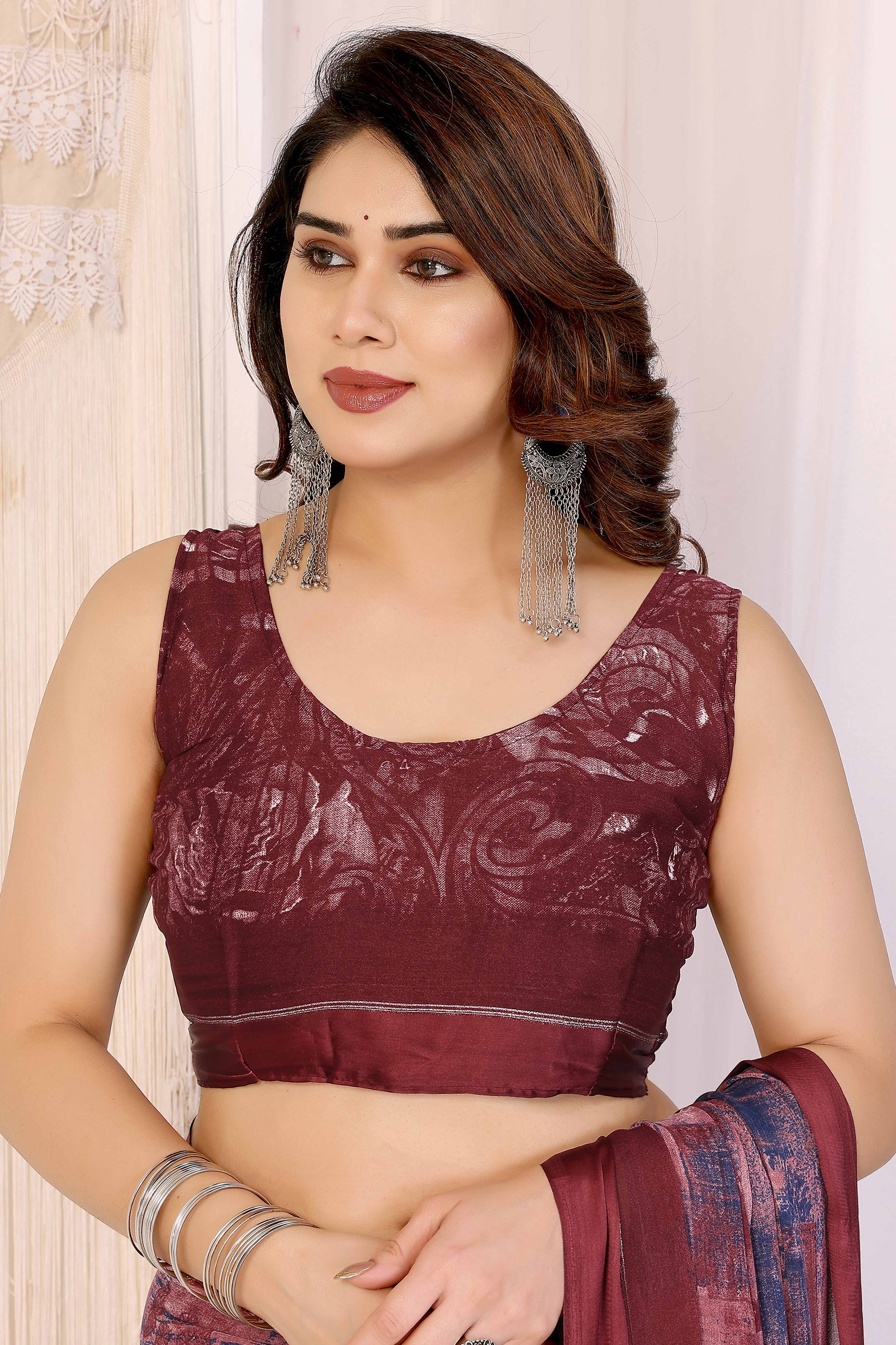 Trendy Maroon Moss Crepe Saree with Floral Motifs and Satin Border