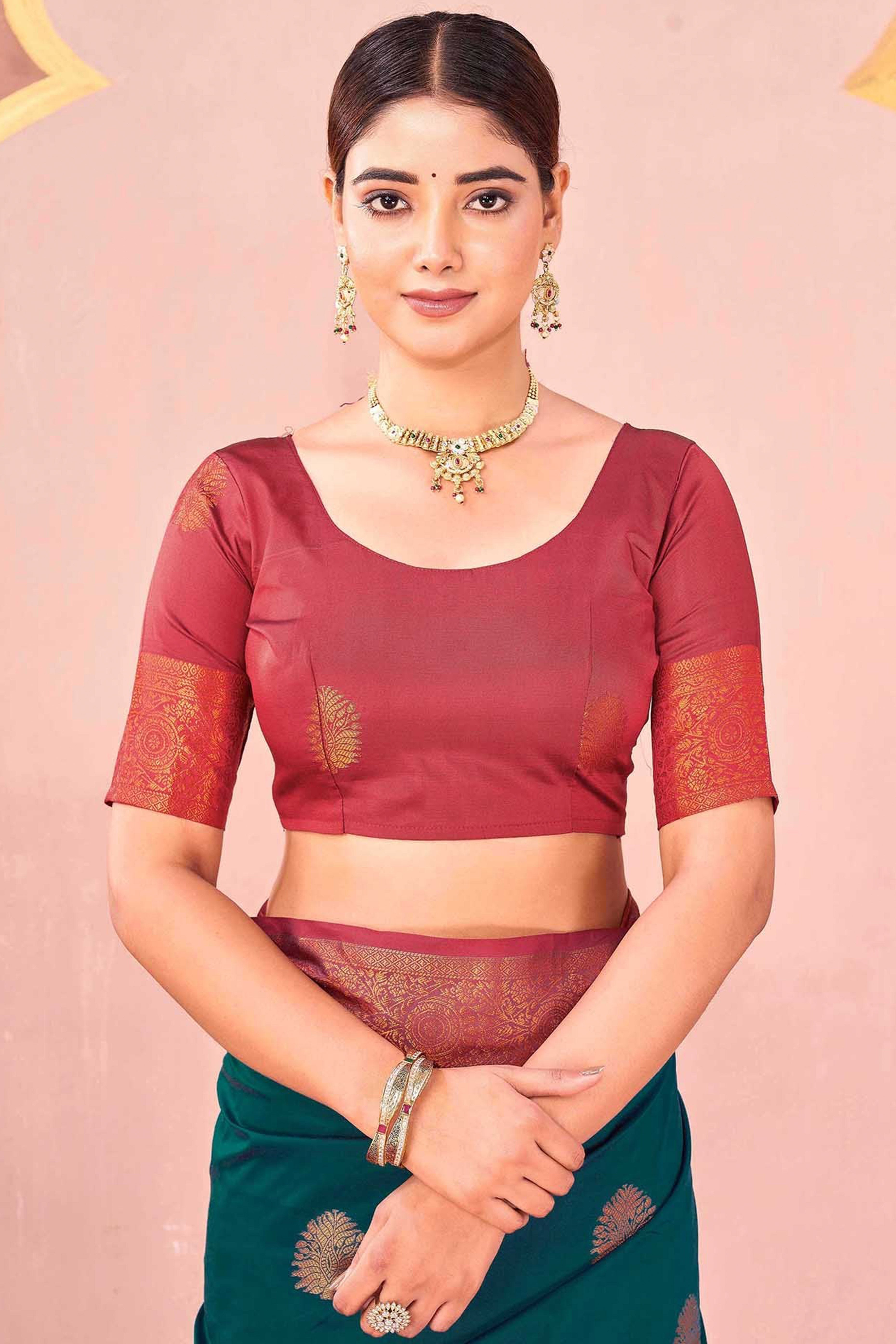 Rama Green Silk Blend Saree Adorned With Zari Woven Floral & Paisley Design