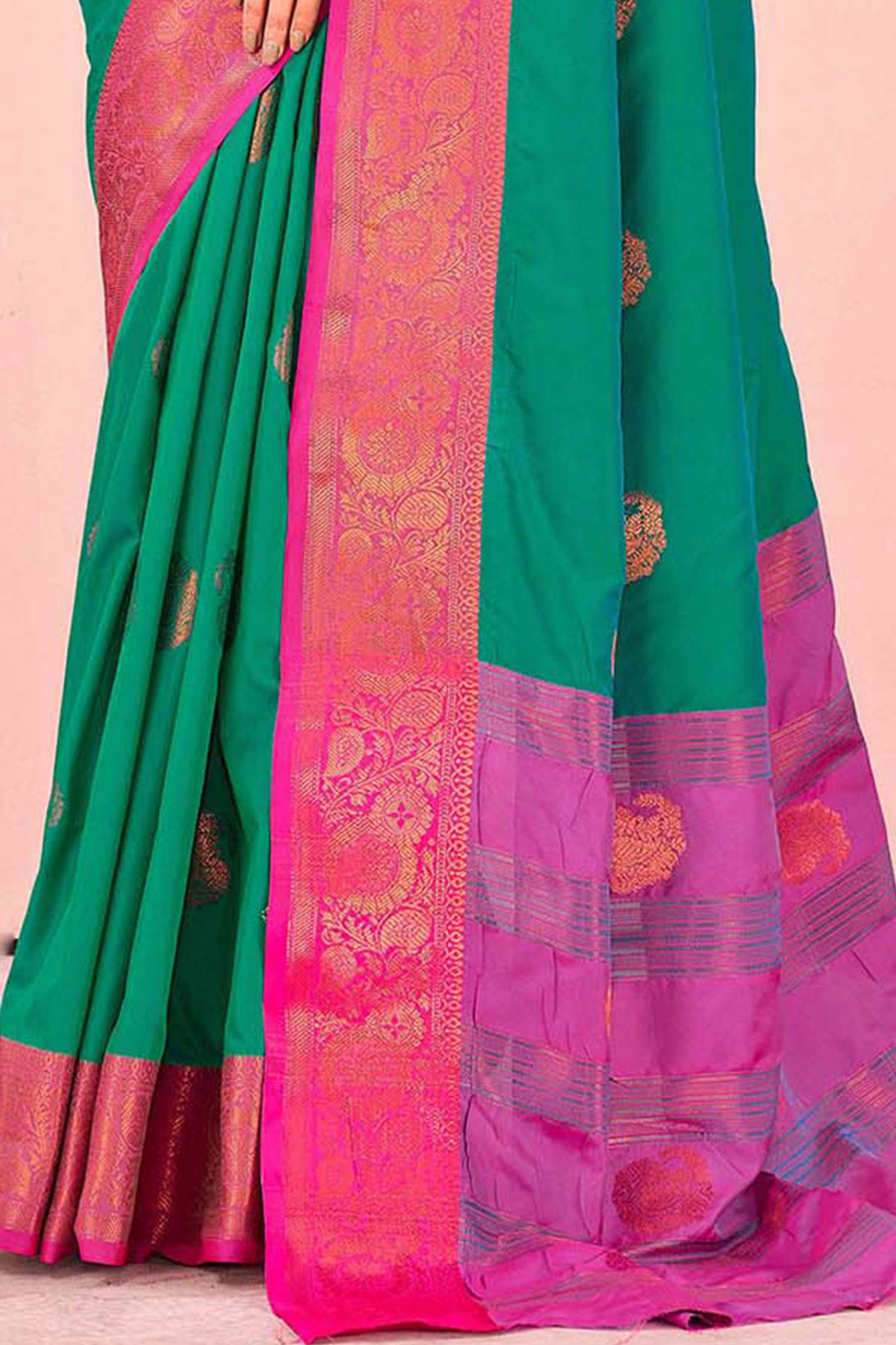 Teal Green Silk Blend Saree Adorned With Zari Woven Floral & Paisley Design