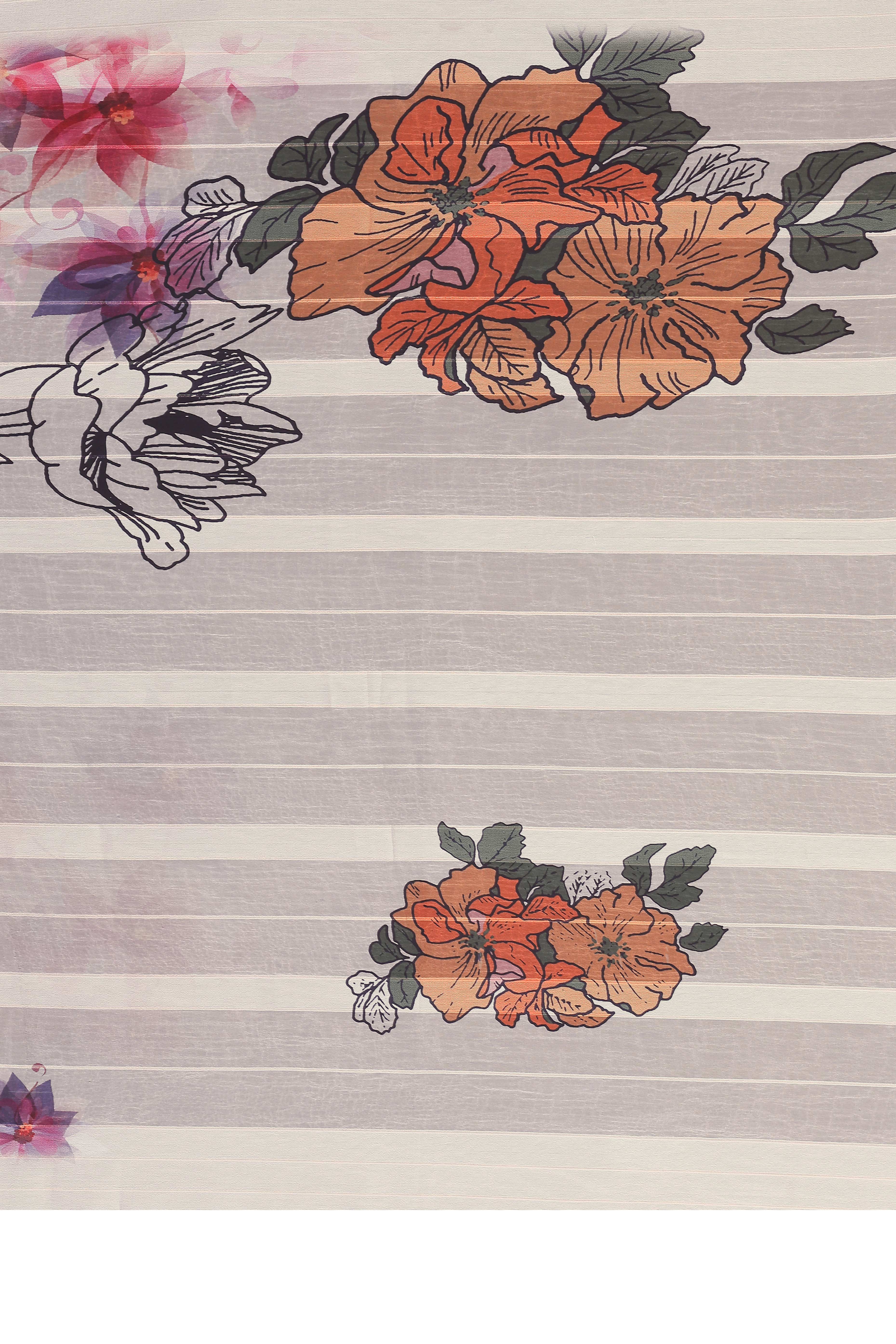 Graceful Beige Floral Digital Print Georgette Saree Featuring Zari Work & Vibrant Striped