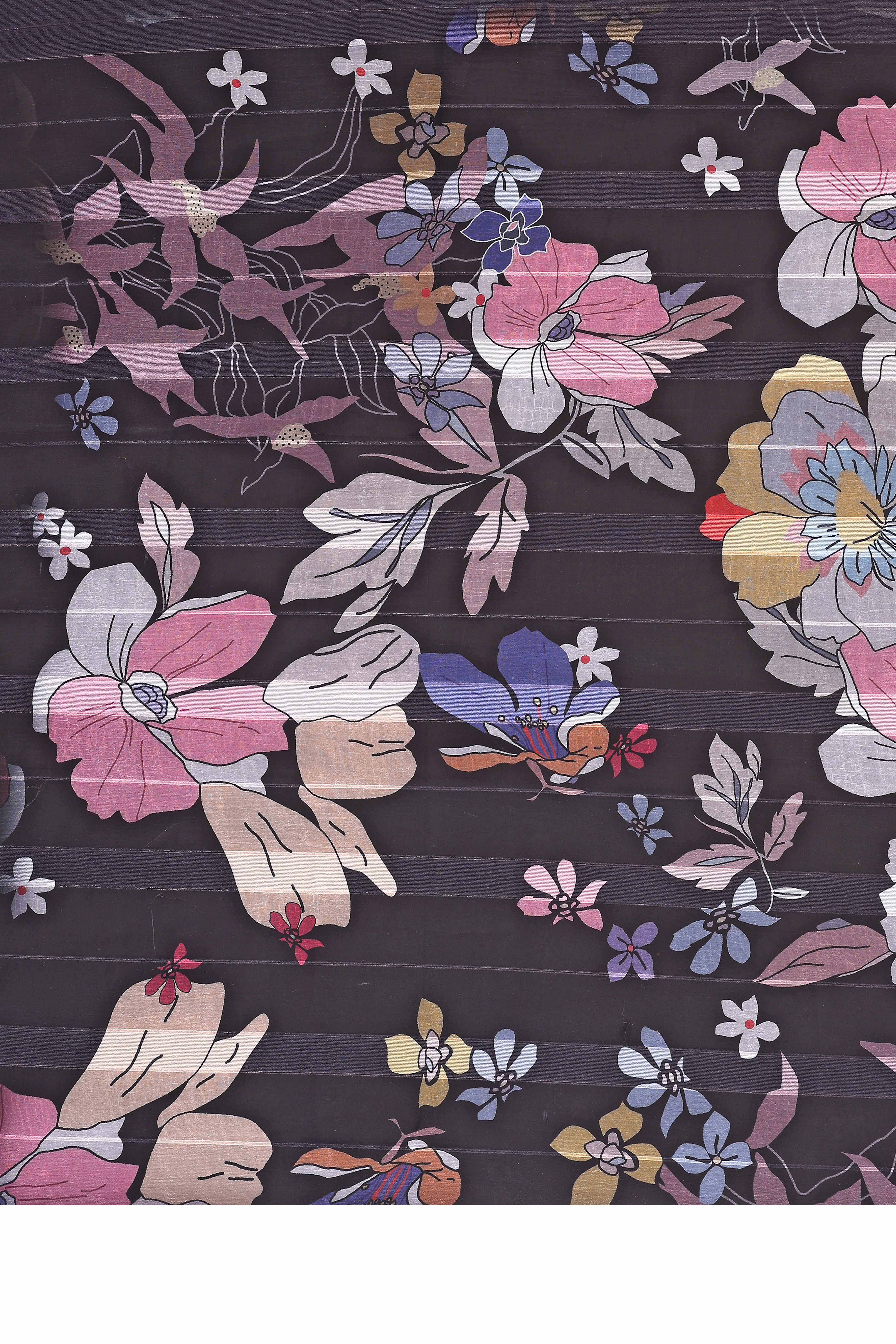 Graceful Black Floral Digital Print Georgette Saree Featuring Zari Work & Vibrant Striped