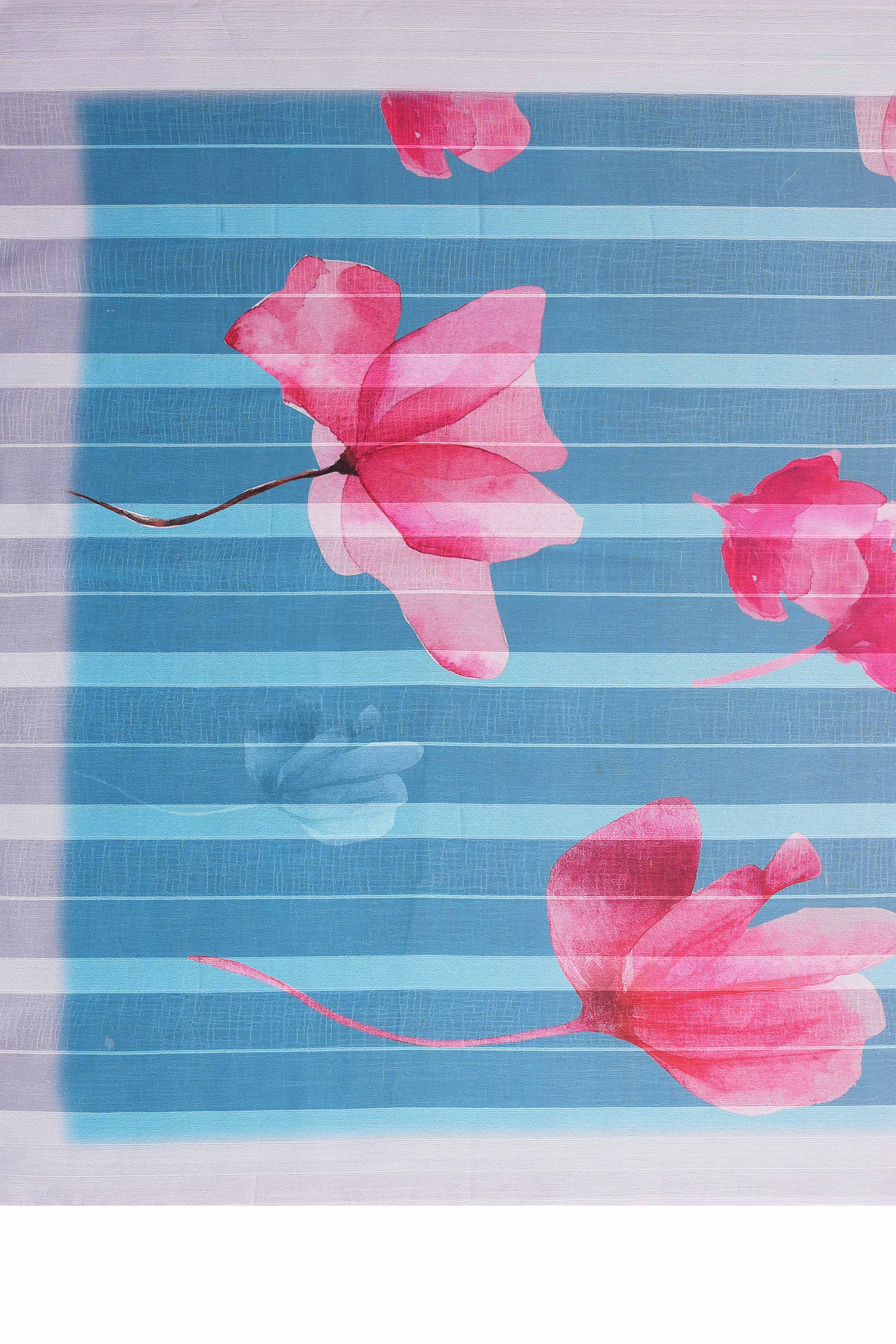 Graceful Grey Floral Digital Print Georgette Saree Featuring Zari Work & Vibrant Striped