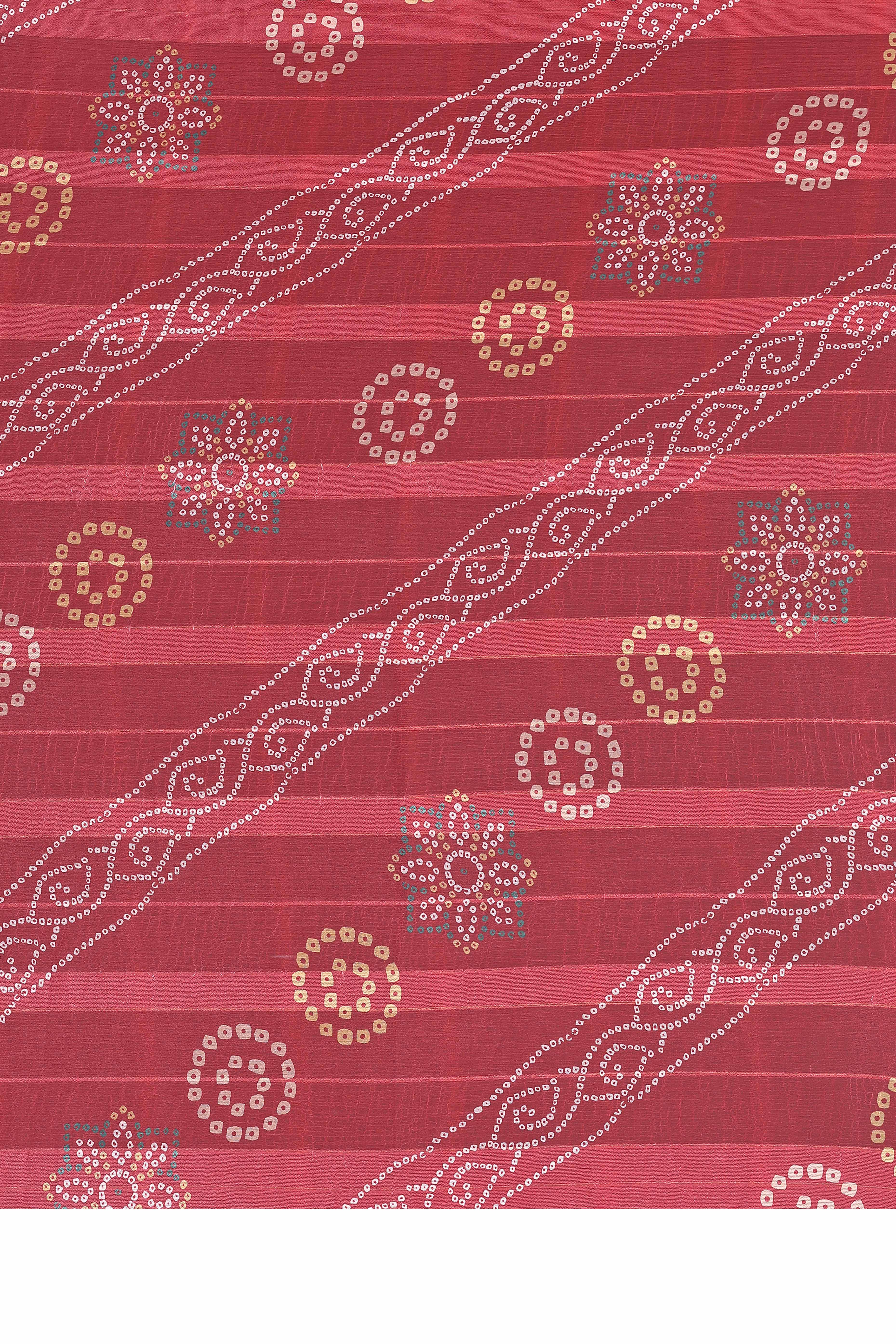 Graceful Maroon Bandhani Digital Print Georgette Saree Featuring Zari Work & Vibrant Striped
