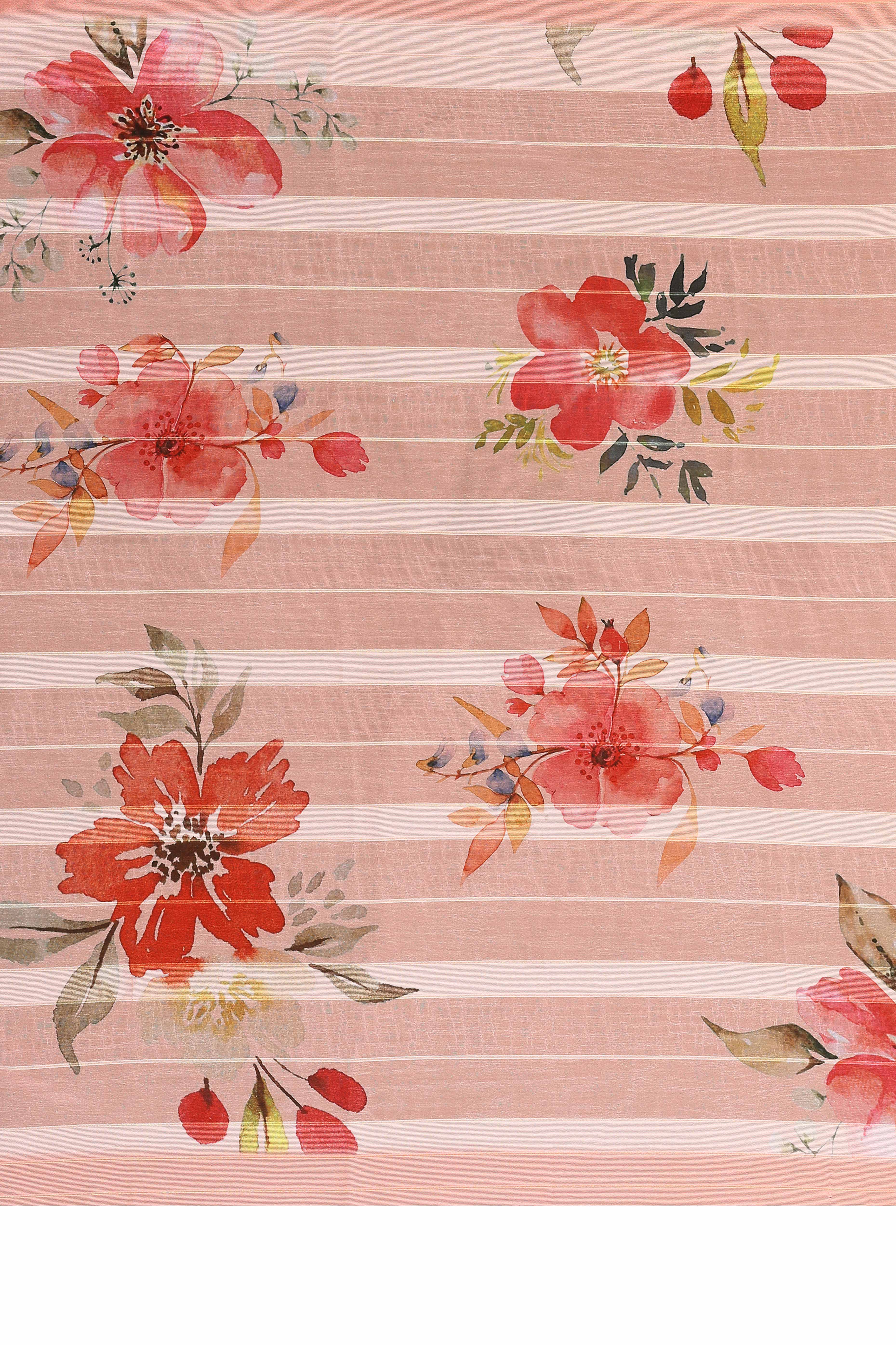 Graceful Peach Floral Digital Print Georgette Saree Featuring Zari Work & Vibrant Striped