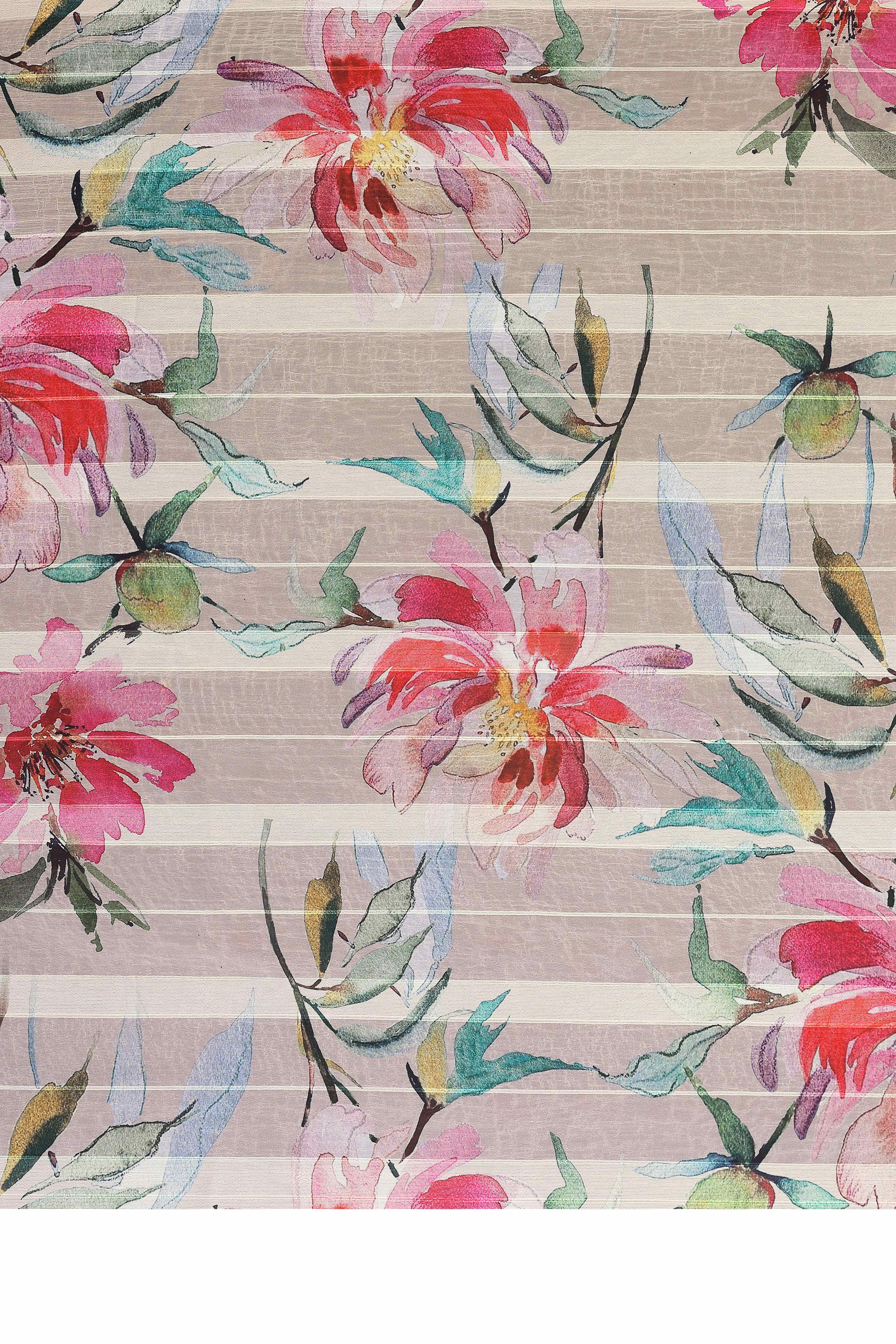 Sophisticated Beige Floral Digital Print Georgettte Saree With Zari Touch & Striped Design