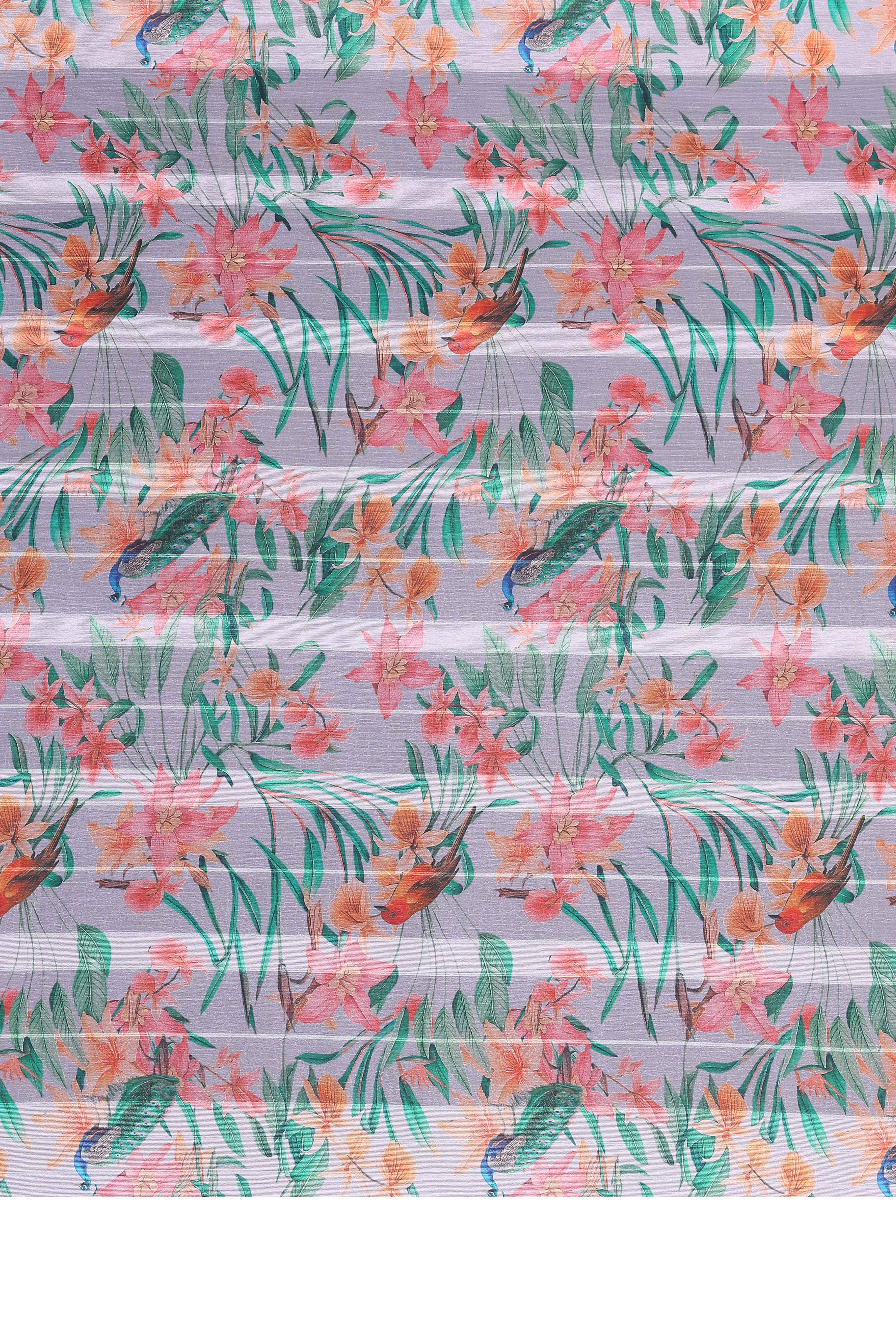 Sophisticated Grey Floral Digital Print Georgettte Saree With Zari Touch & Striped Design