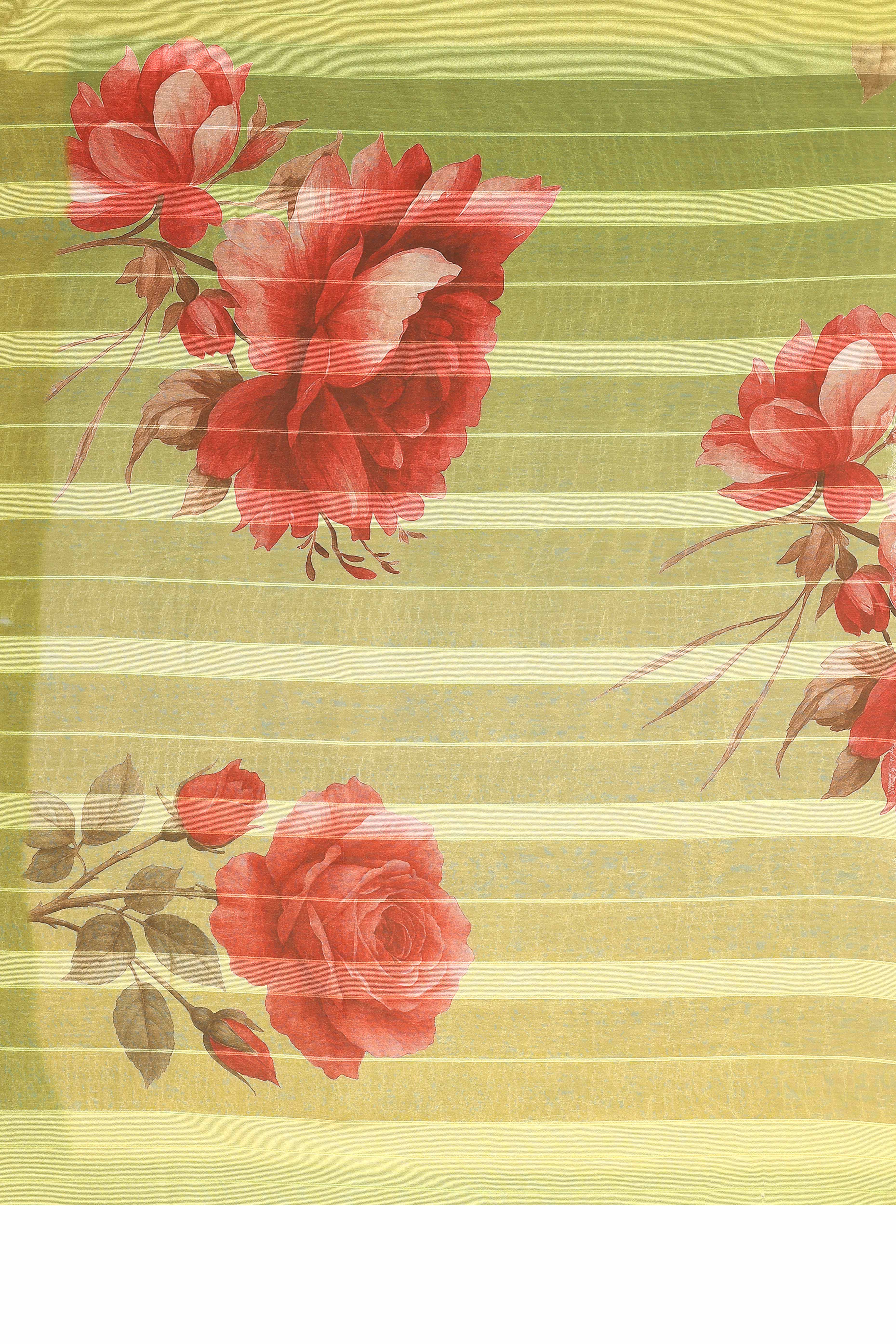 Sophisticated Green Floral Digital Print Georgettte Saree With Zari Touch & Striped Design