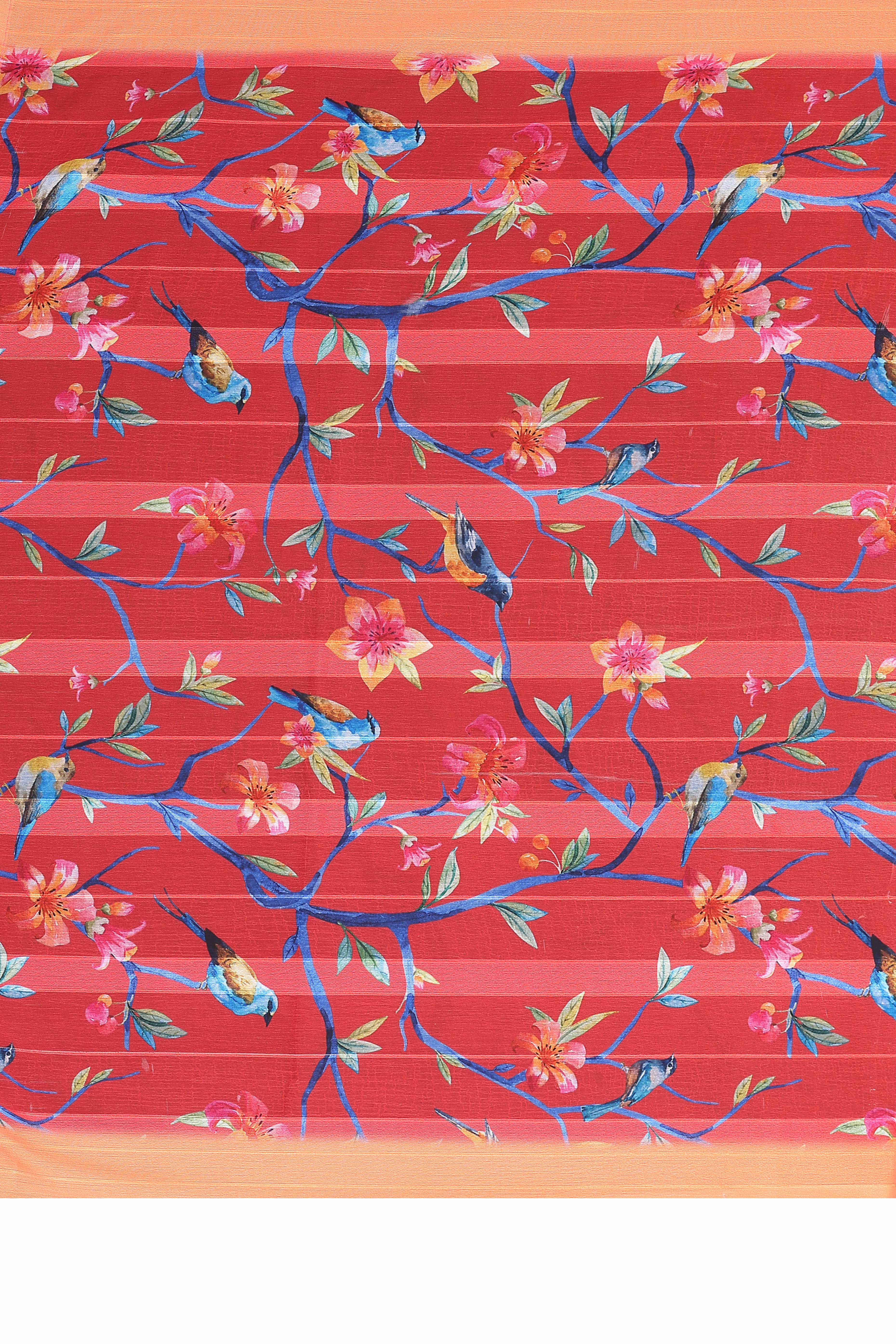 Sophisticated Red Floral Digital Print Georgettte Saree With Zari Touch & Striped Design