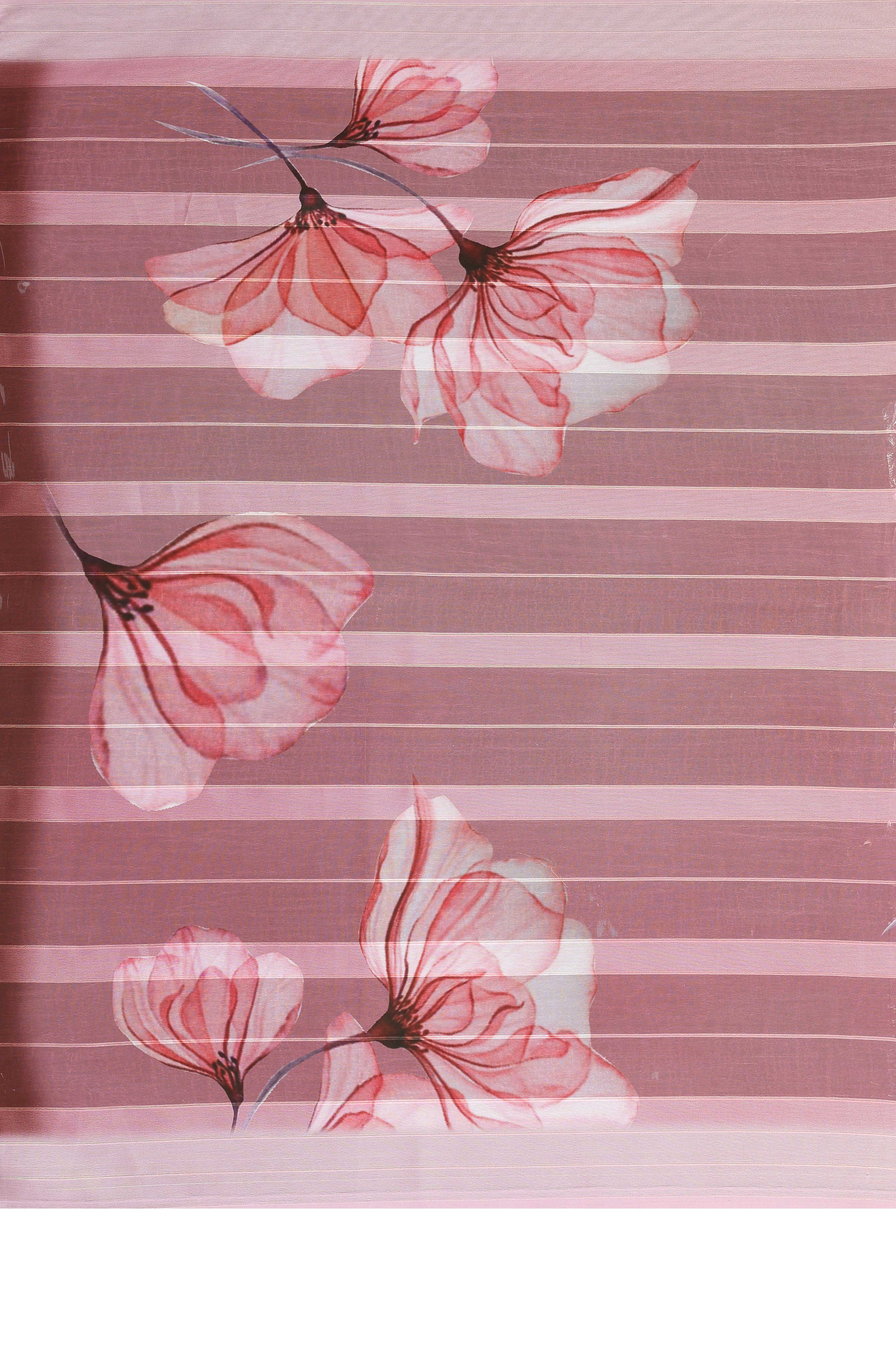 Sophisticated Light Mauve Floral Digital Print Georgettte Saree With Zari Touch & Striped Design