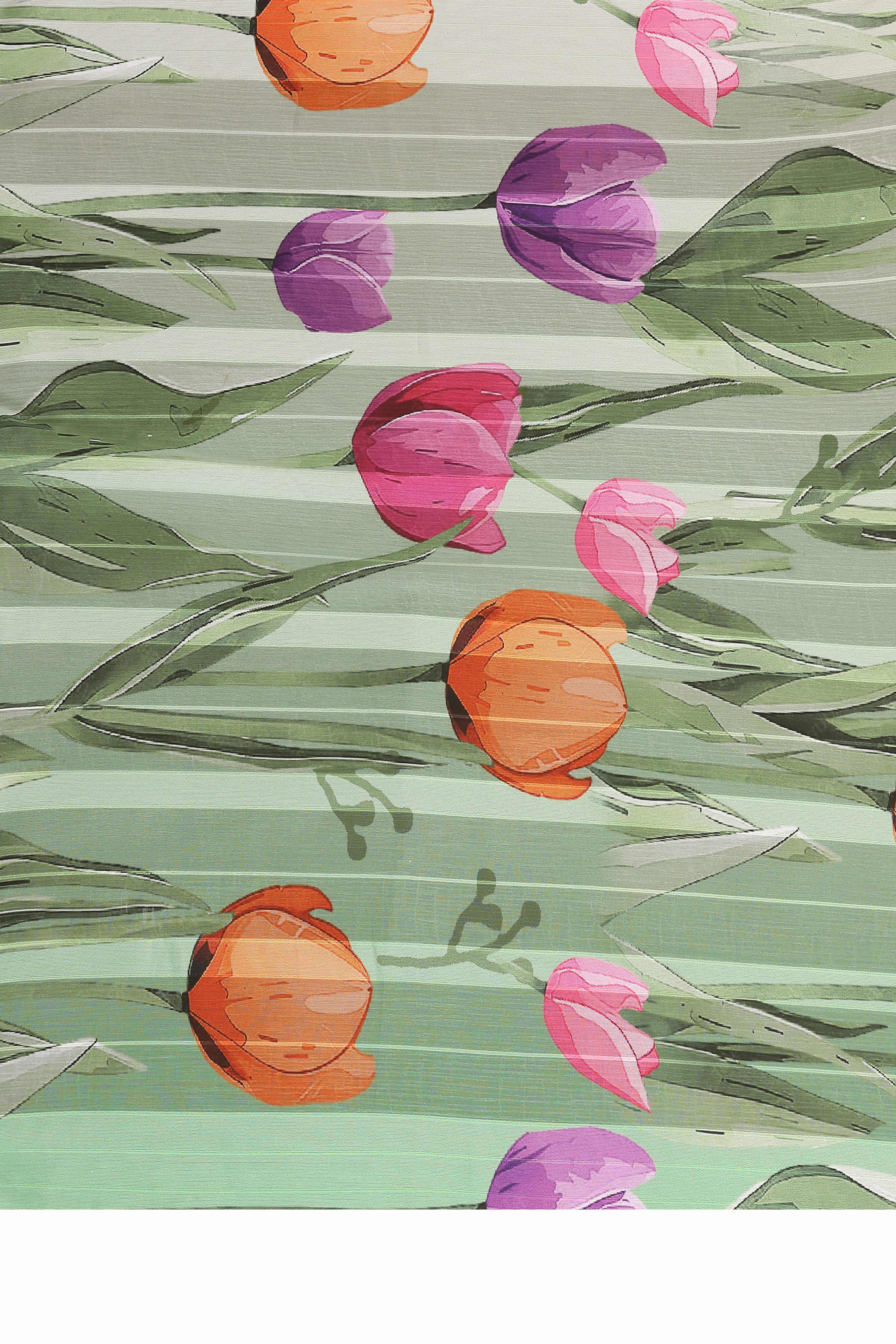 Classic Green Floral Digital Print Georgette Saree With Refined Zari & Stylish Striped