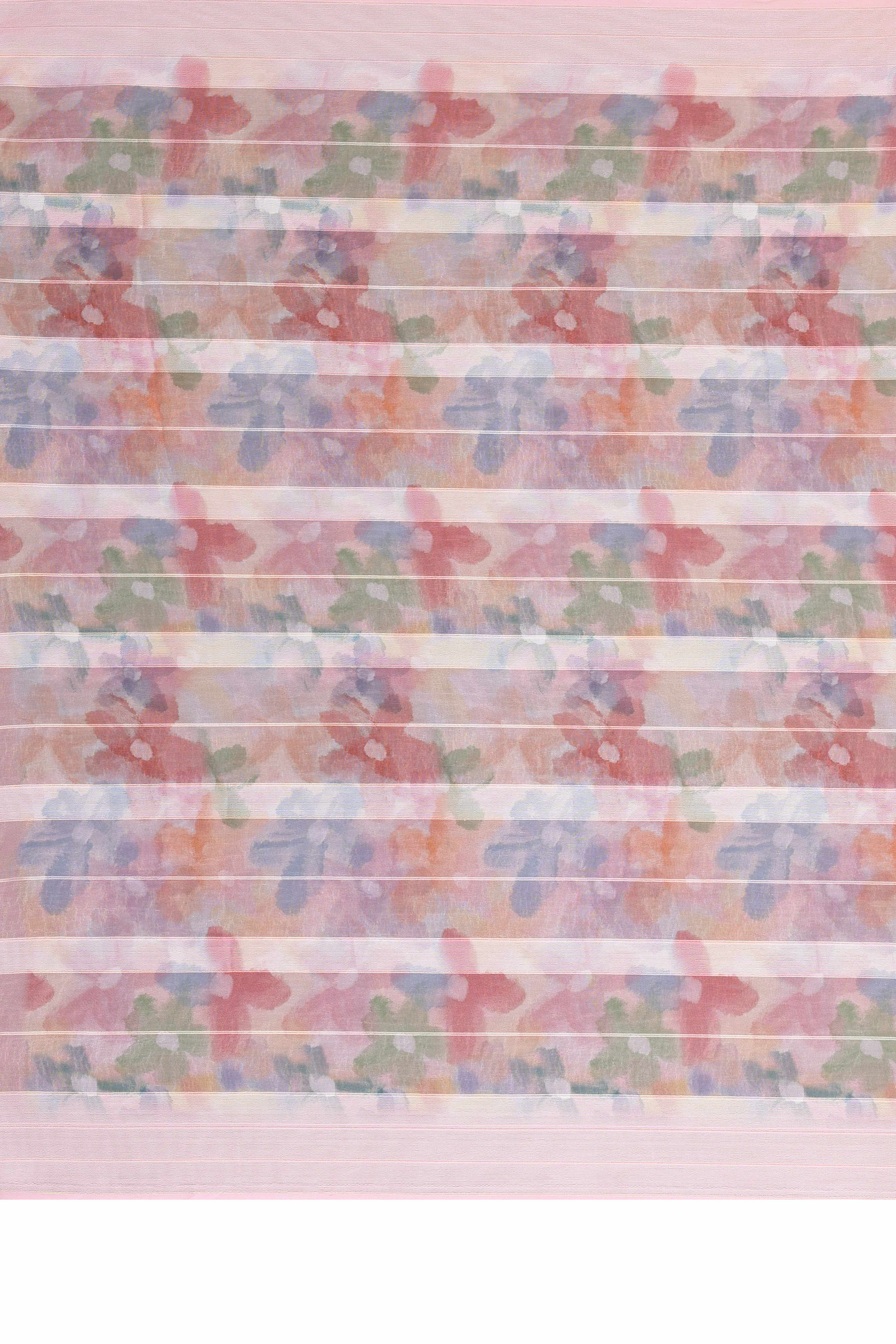 Classic Light Pink Floral Digital Print Georgette Saree With Refined Zari & Stylish Striped