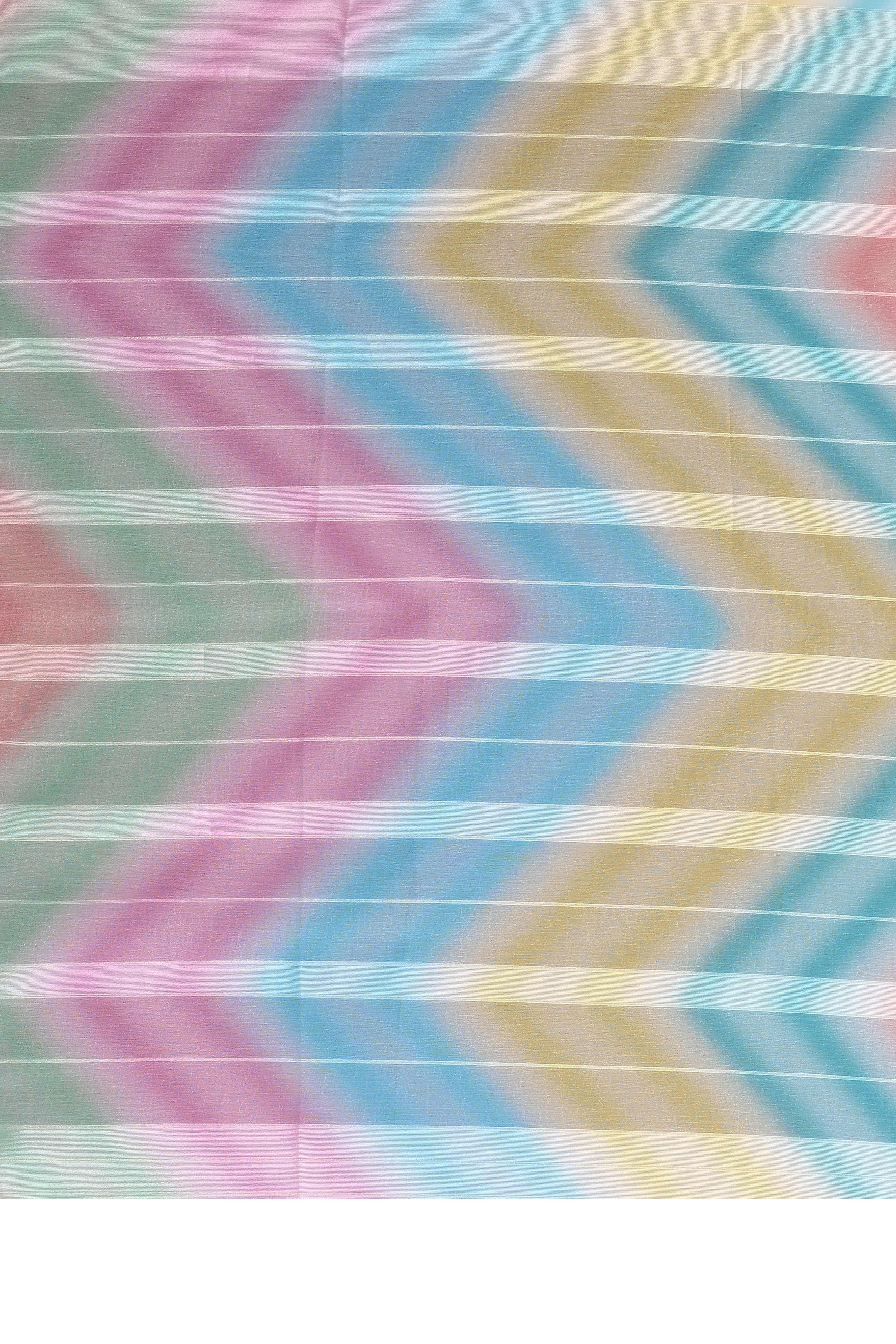 Classic Multicolor Ombre Digital Print Georgette Saree With Refined Zari & Stylish Striped