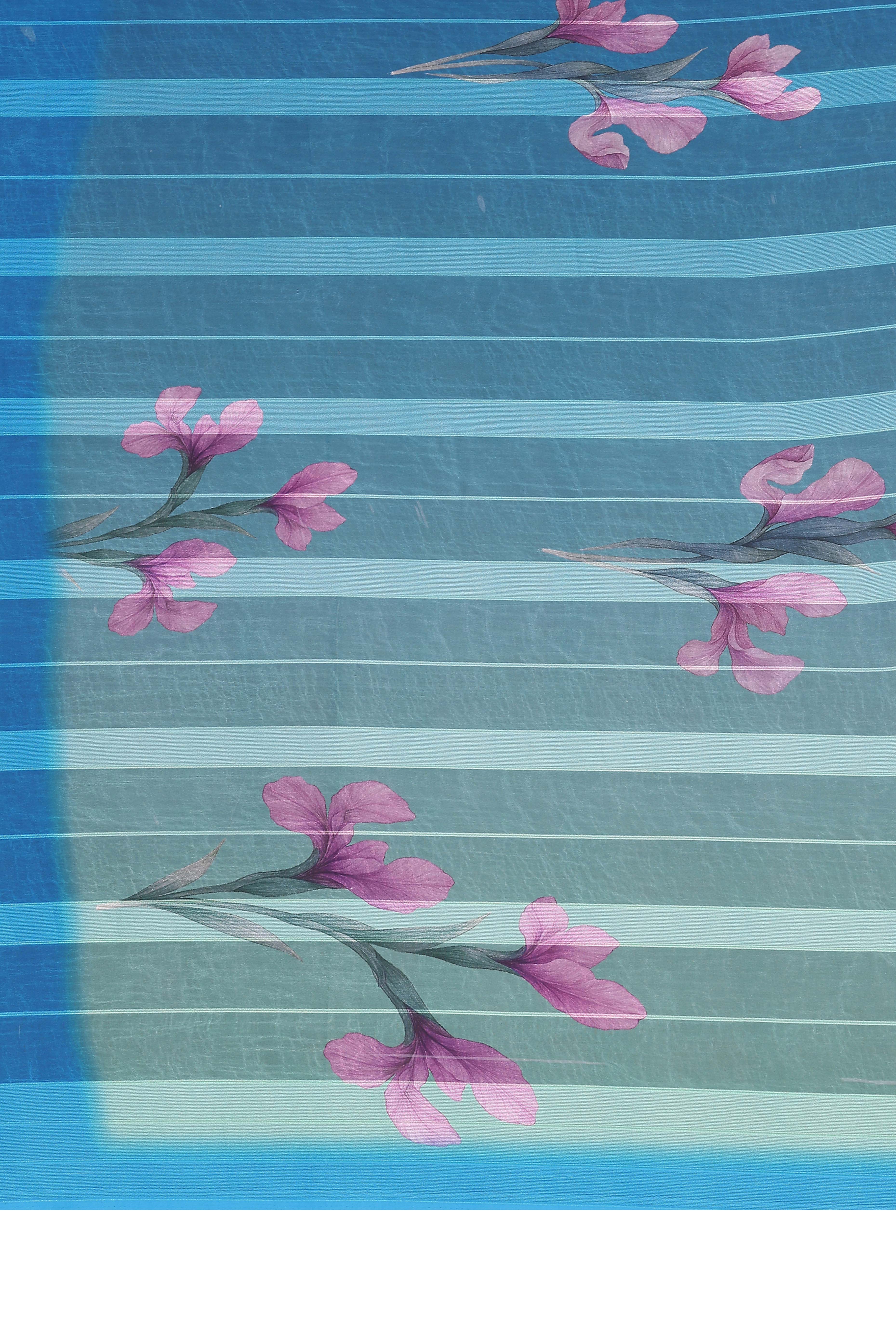 Luxury Blue Floral Digital Print Georgette Saree With Subtle Zari Highlights & Vibrant Striped